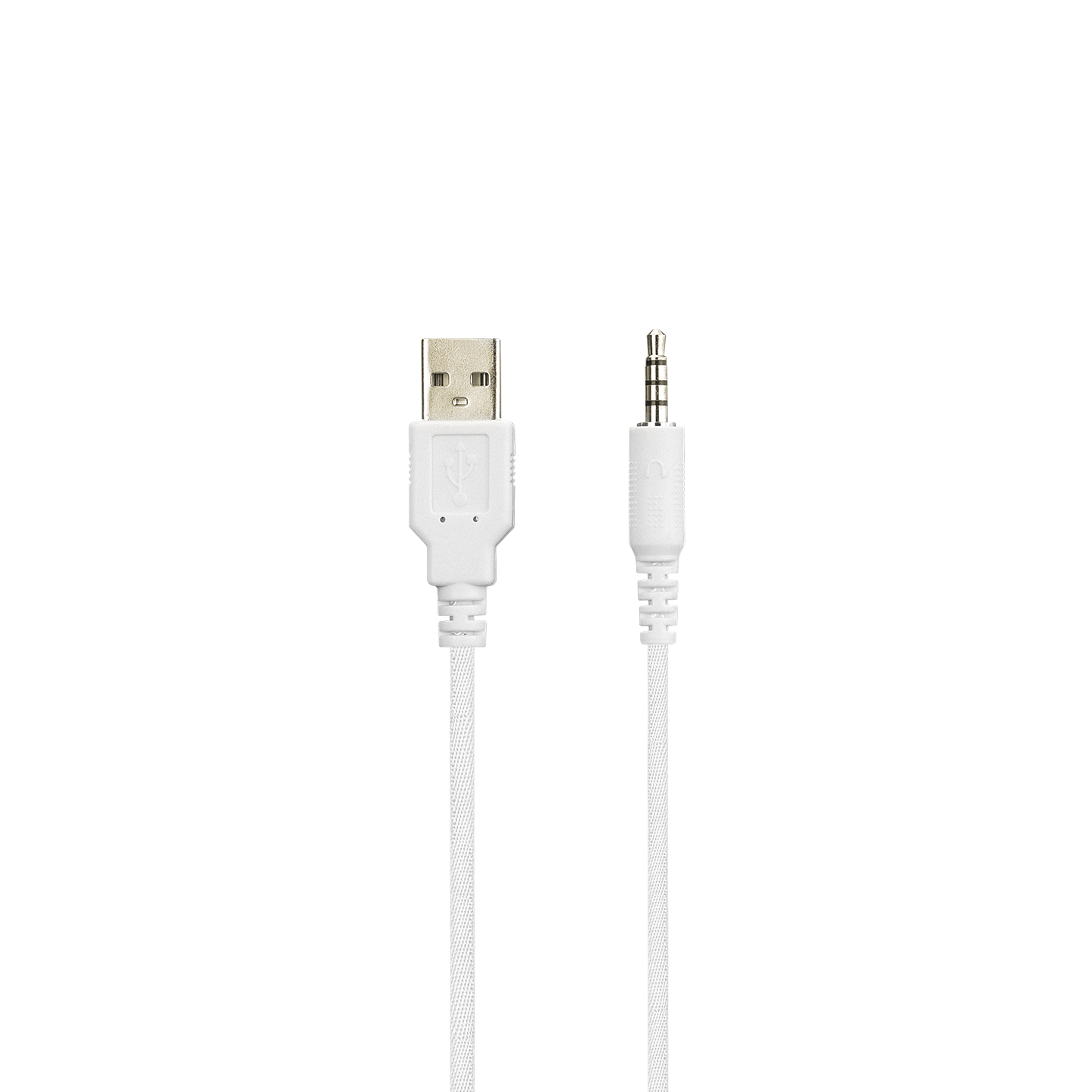 Beyaz bir arka planda beyaz bir USB kablosu, beyaz bir ses jakı kablosunun yanında.