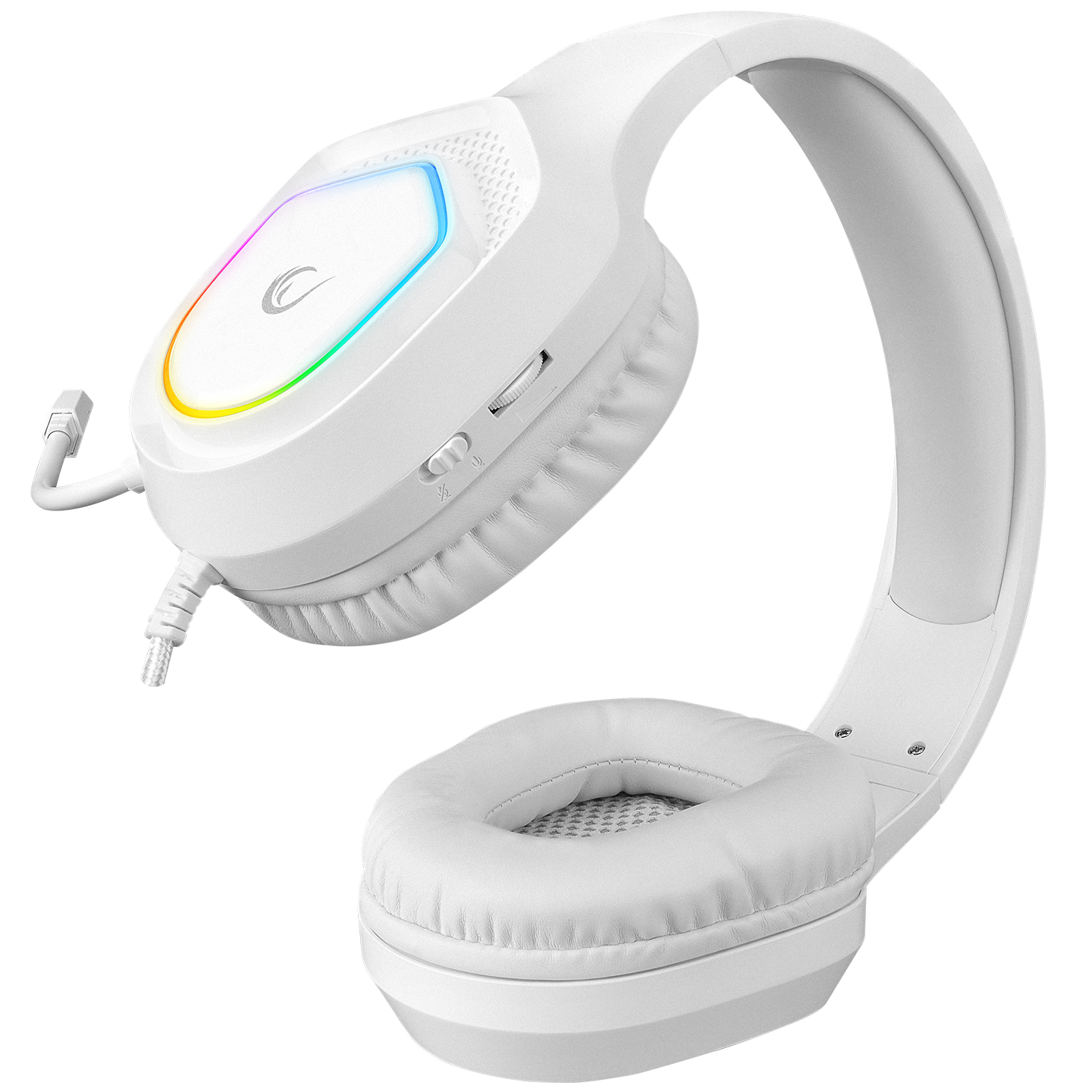 Kulaklık, kulaklık kabında, mikrofonda ve ses kontrolünde RGB aydınlatmalı beyaz bir oyun kulaklığı.