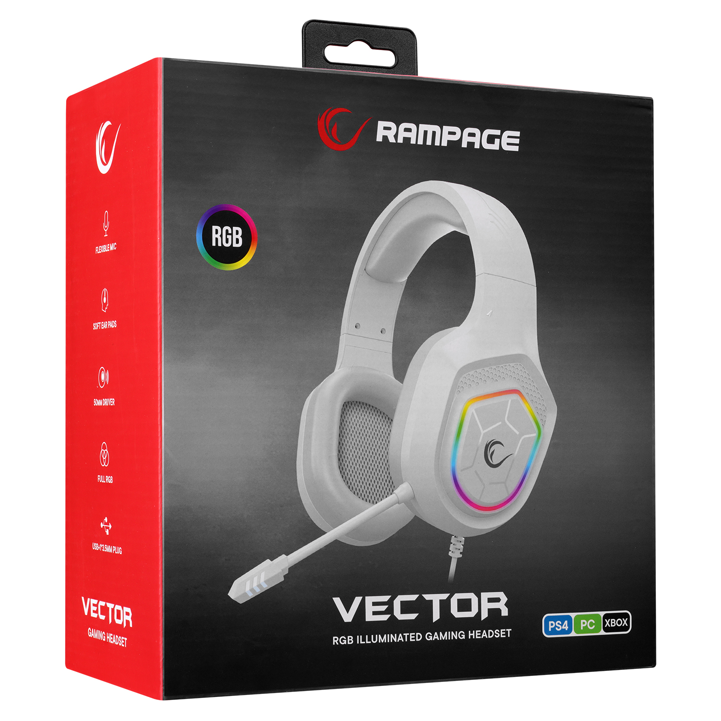 RGB logolu ve "VECTOR" yazılı beyaz oyun kulaklığı kutuda.