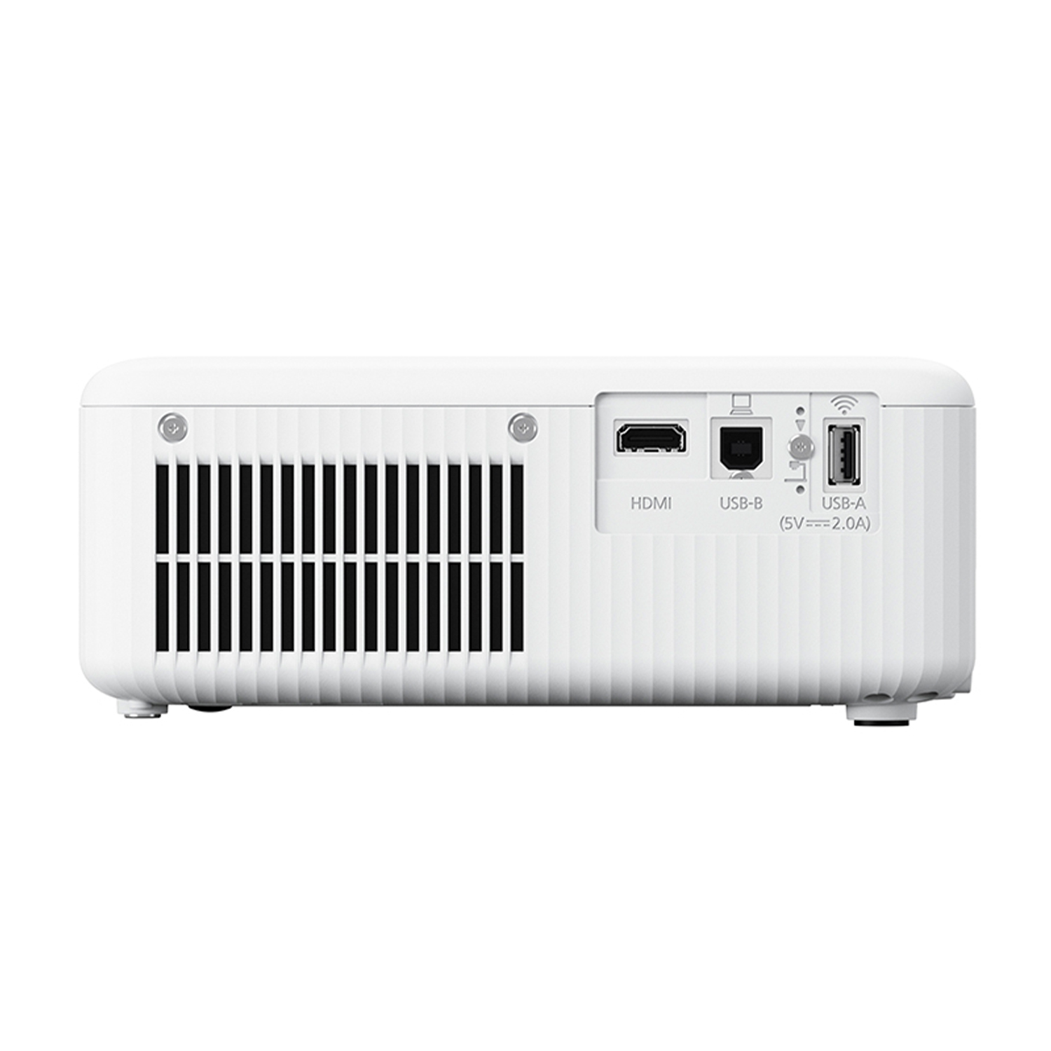 Retro di un proiettore bianco con porte HDMI, USB-B e USB-A. Fessure di ventilazione a sinistra.