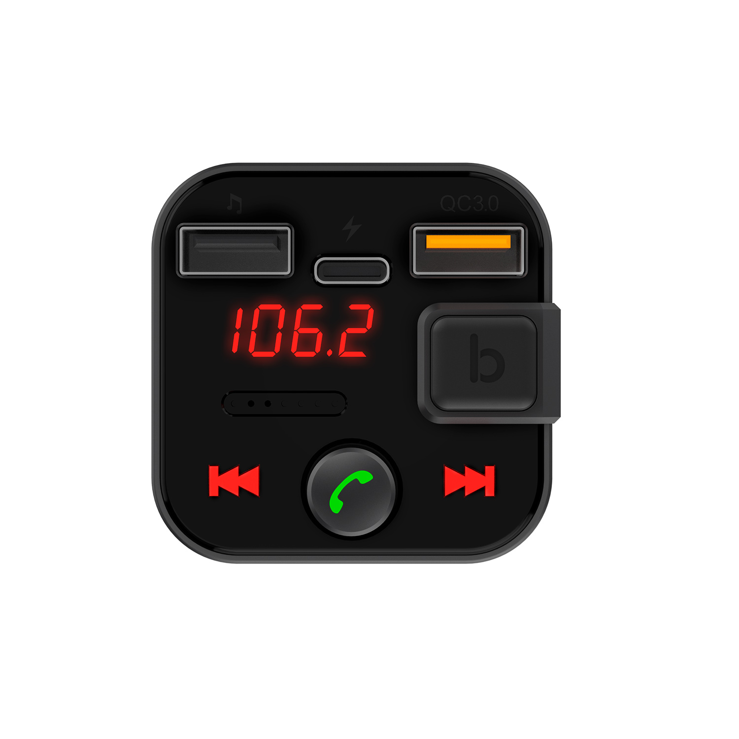 Un dispositivo negro para coche con una pantalla roja que muestra una frecuencia de radio. Tiene botones.