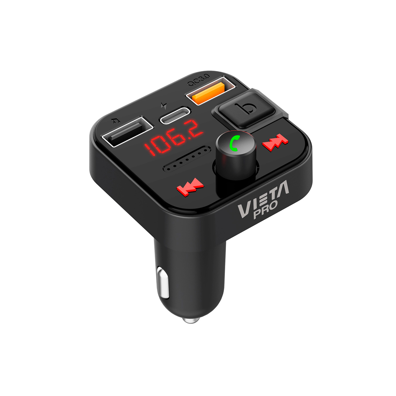 Un transmisor FM para coche negro con una pantalla digital que muestra 106.2 y botones rojos.