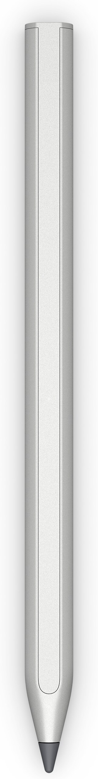 Een zilveren pen op een witte achtergrond met de punt naar beneden.