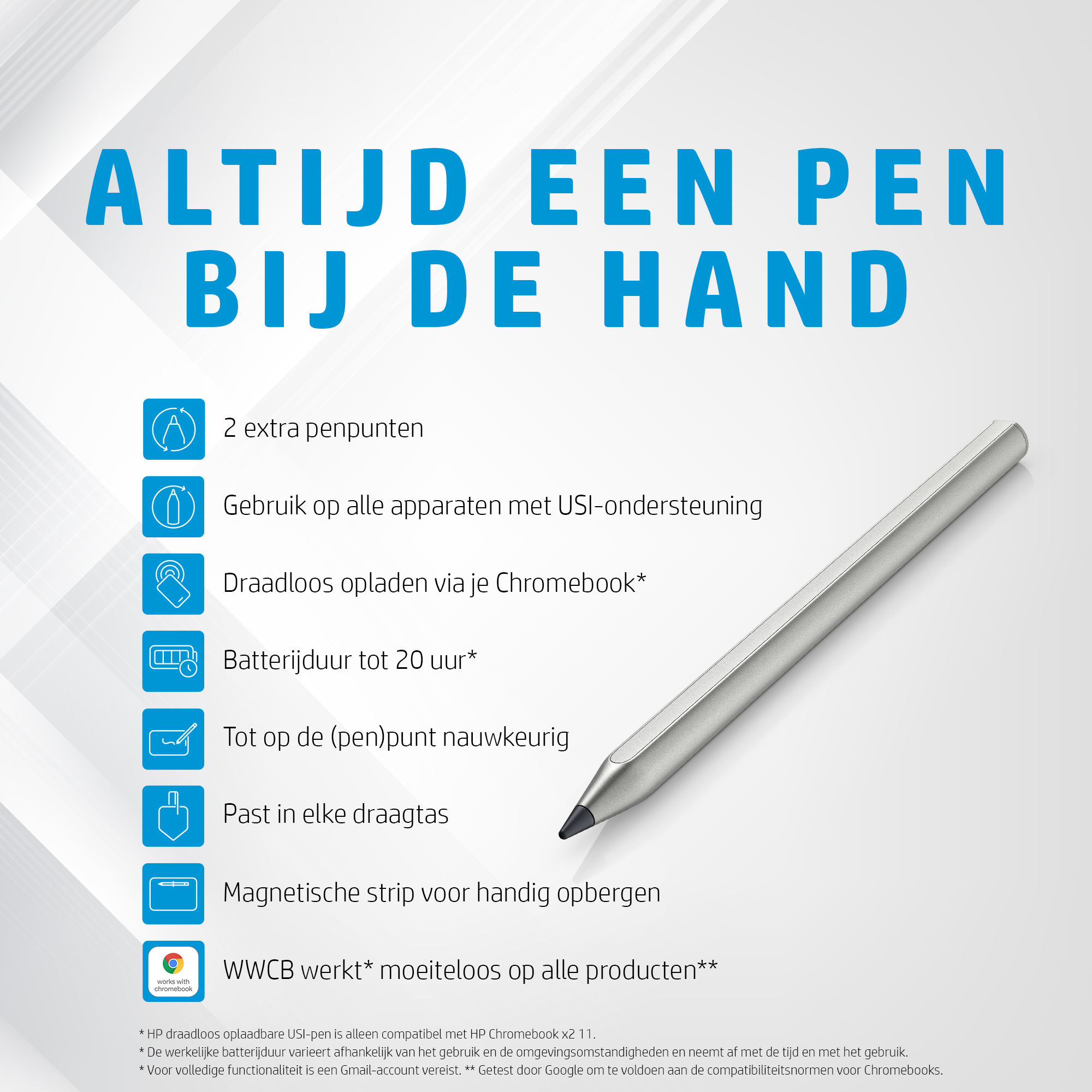 Styluspen met tekst en pictogrammen die functies beschrijven op een witte achtergrond.