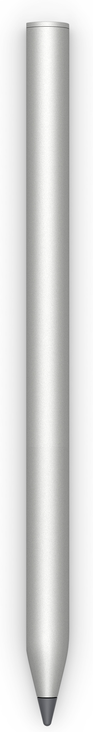 Zilveren, cilindervormige styluspen, verticaal staand. De punt is zwart en de rest is zilver.