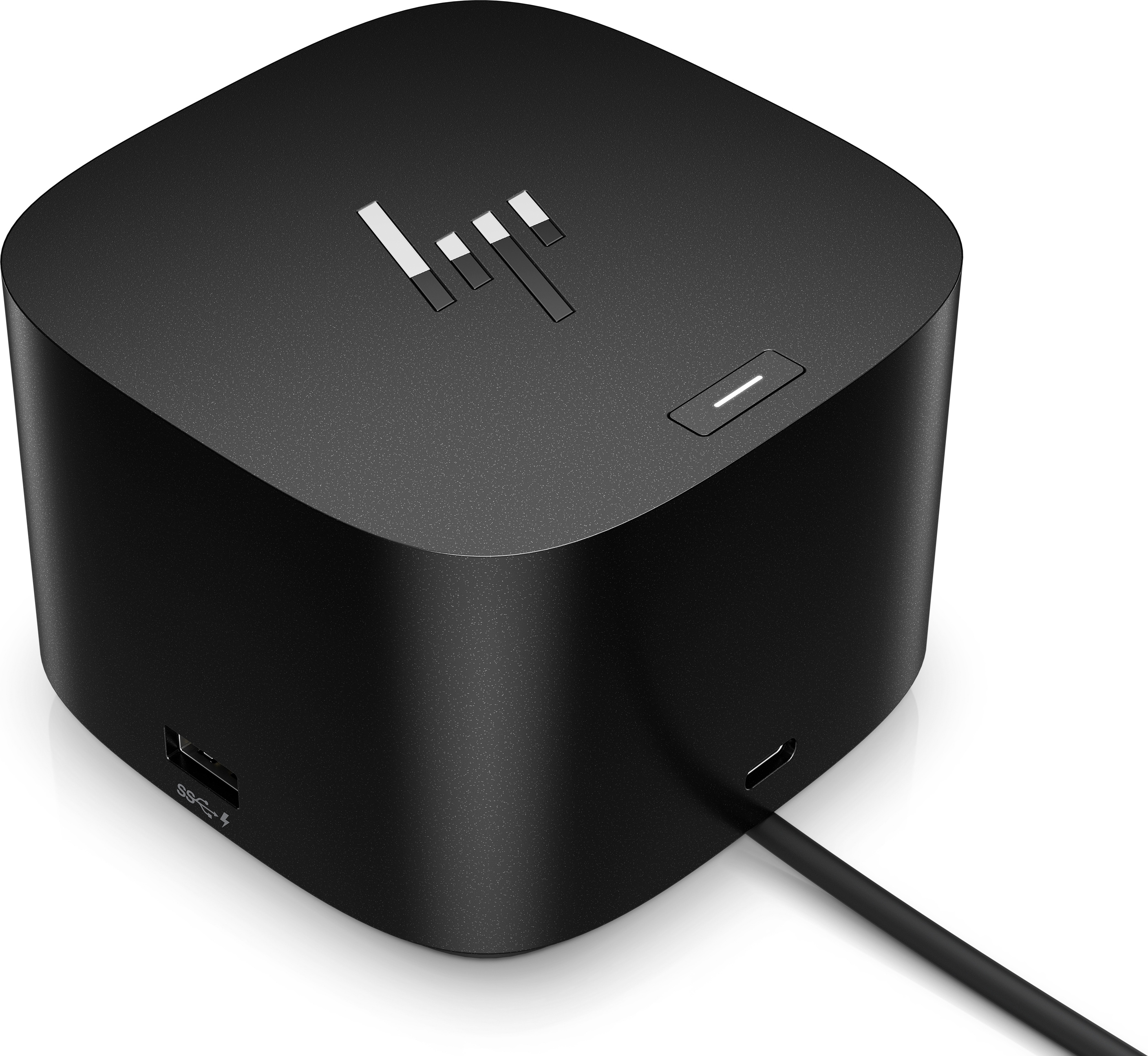 A black docking station with ports and a power button, connected to a cable.