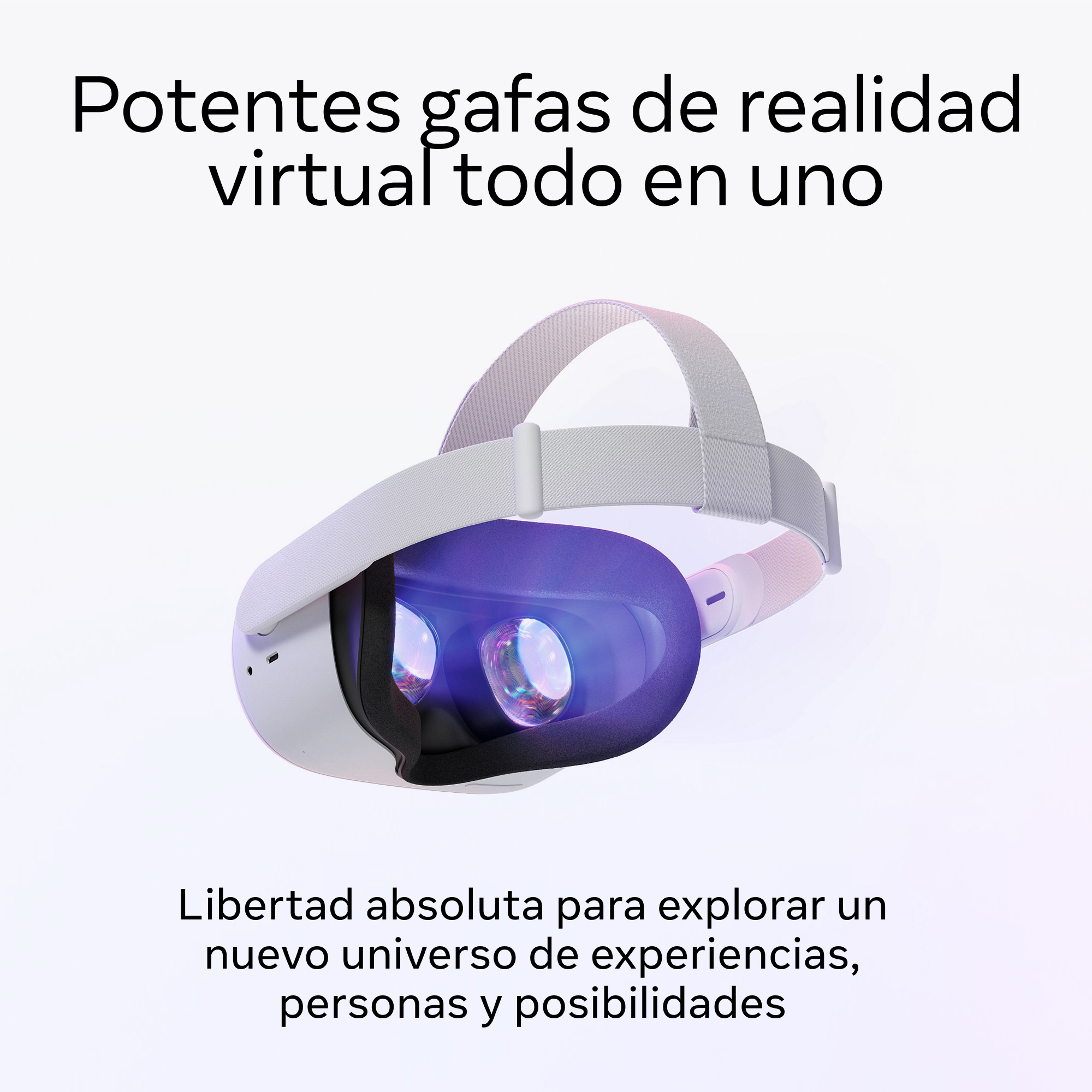 Gafas de realidad virtual blancas con lentes moradas, texto: Potentes gafas de realidad virtual todo en uno.