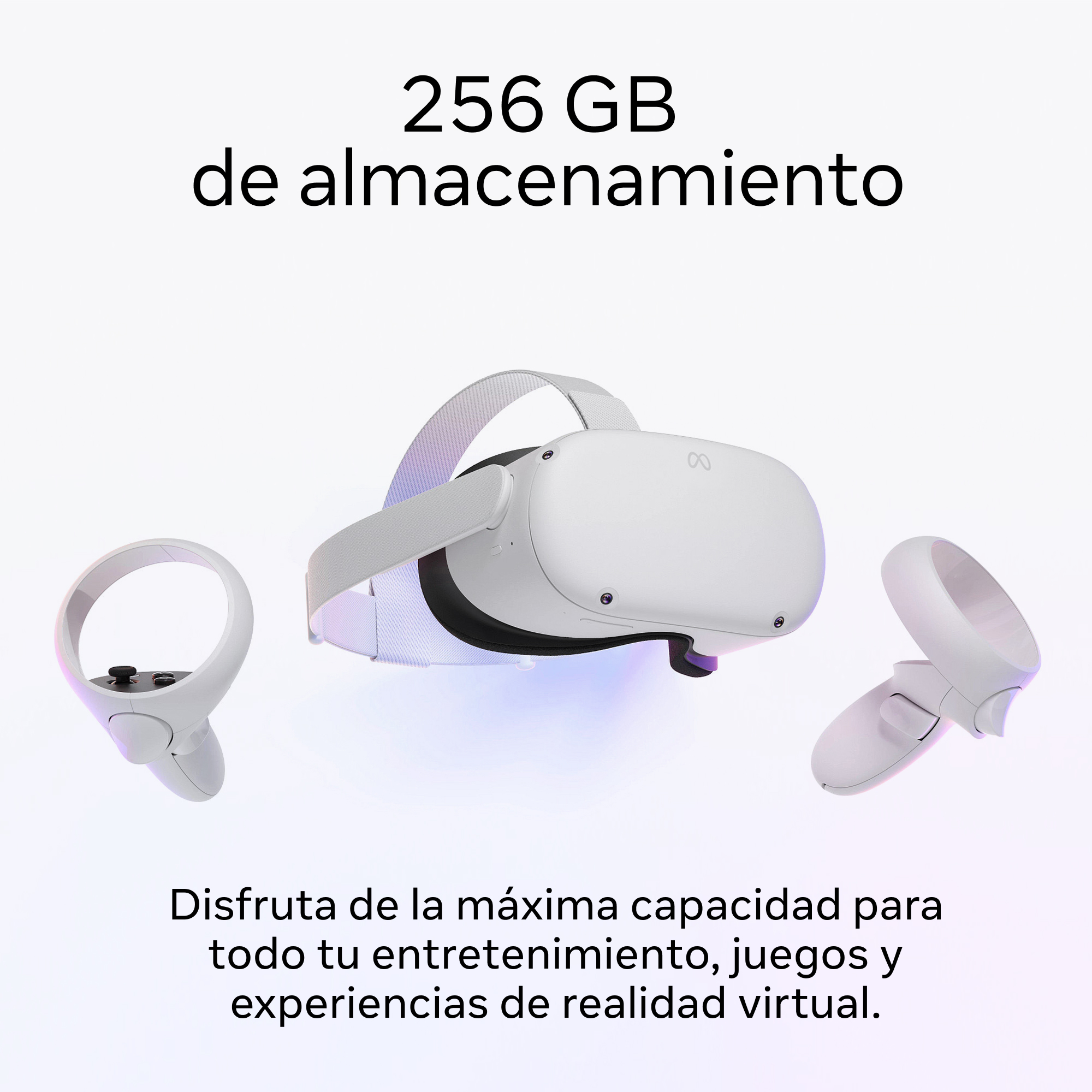 Imagen muestra un casco VR y mandos, con texto sobre capacidad de almacenamiento de 256 GB.