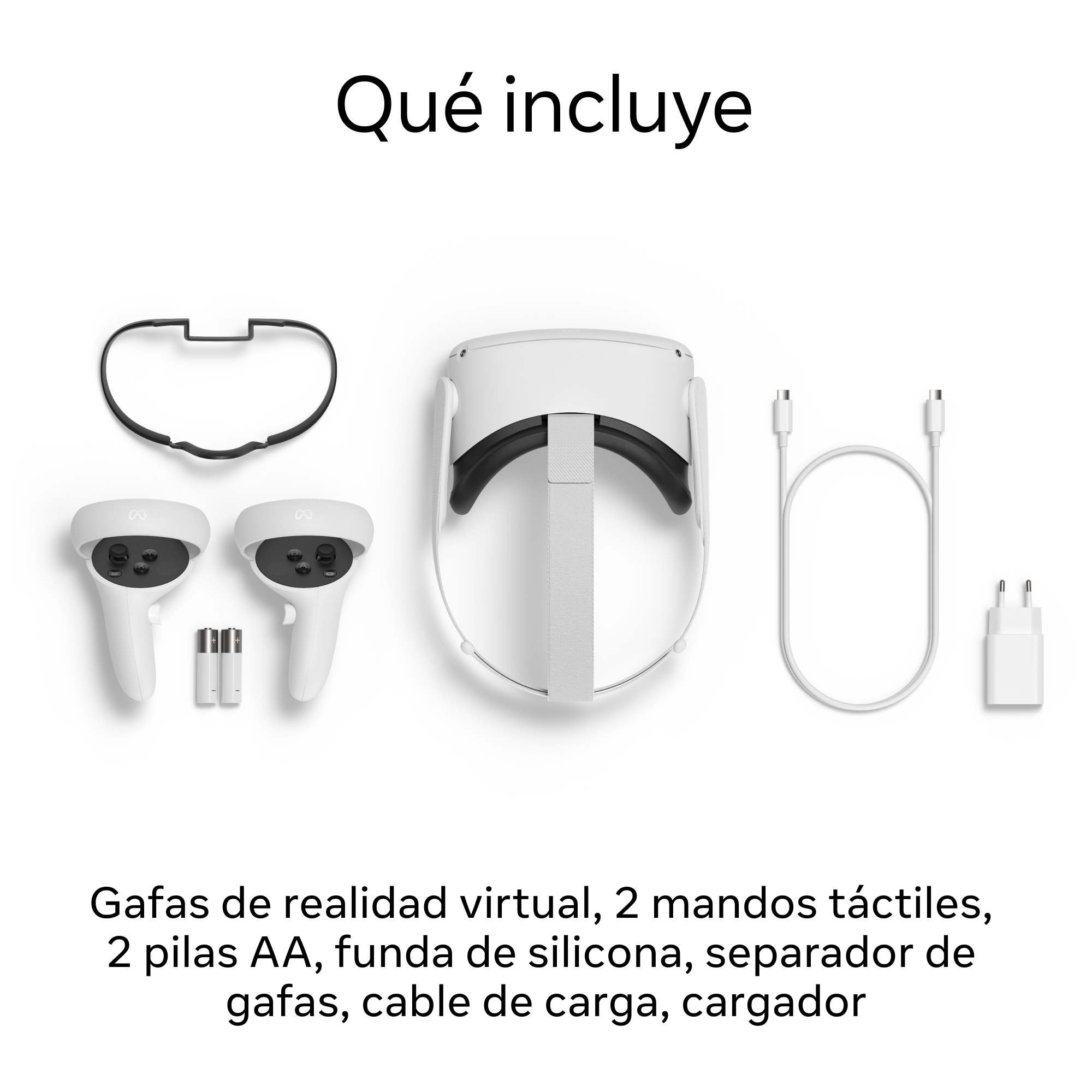 Auriculares VR, mandos y cargador. Artículos colocados sobre un fondo blanco.