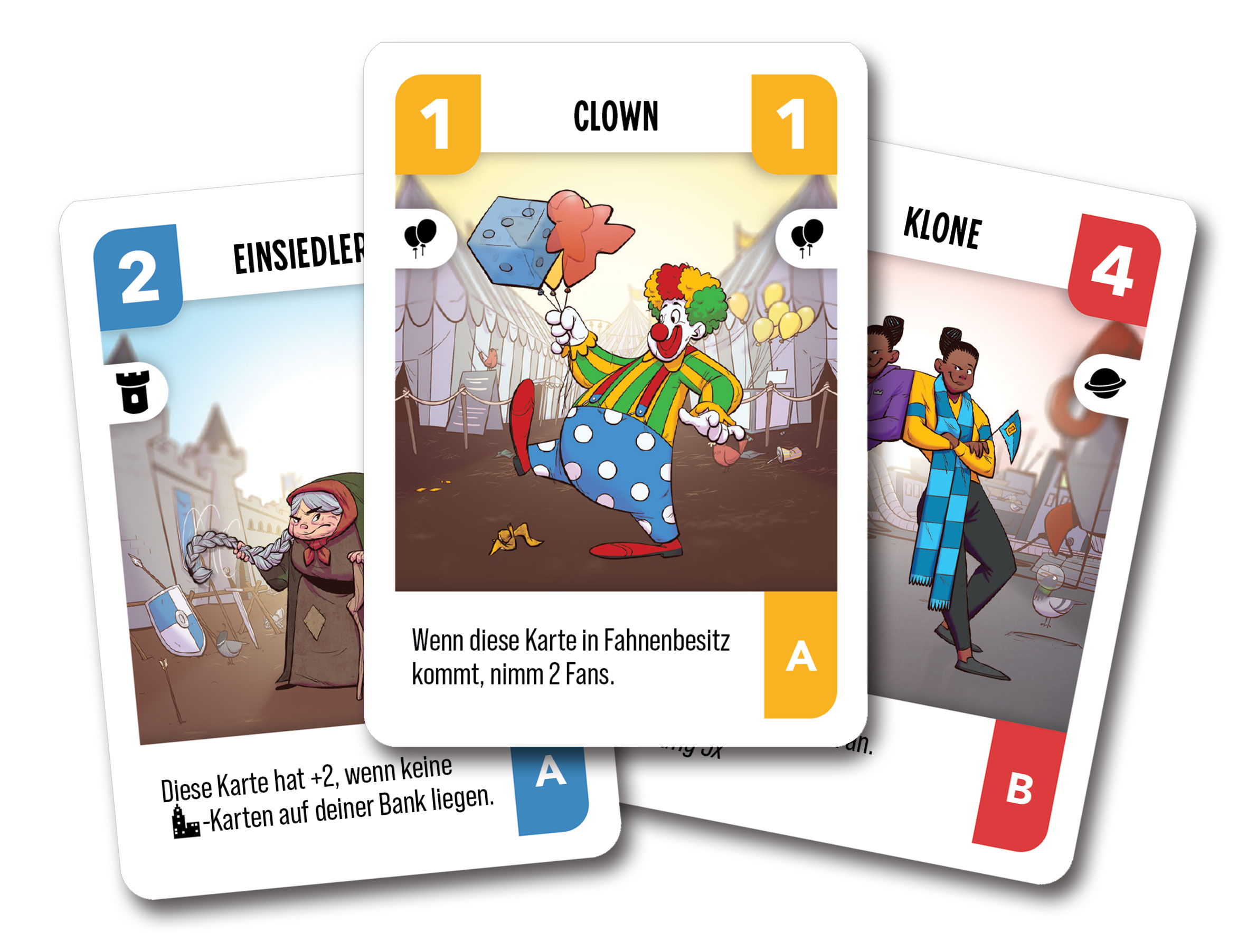 Drei Spielkarten mit Illustrationen von Charakteren und Spielinformationen auf weißem Grund.