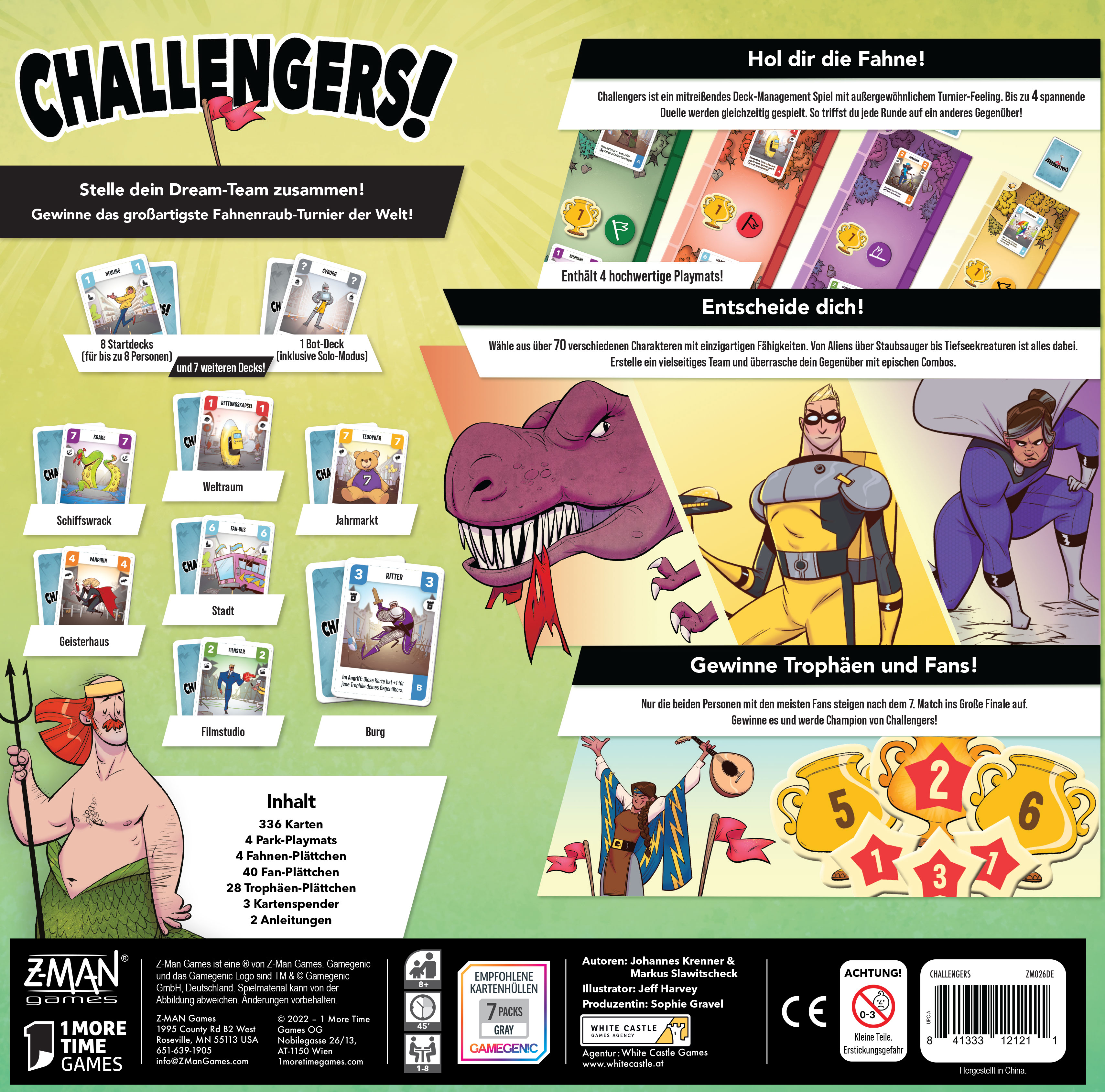 Brettspielbox mit Karten und Figuren. Das Spiel heißt Challengers!