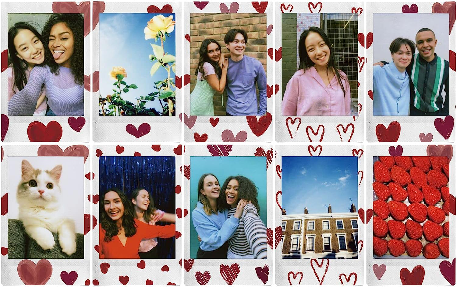 Polaroid stílusú fotók emberekről és tárgyakról, szív dekorációkkal.