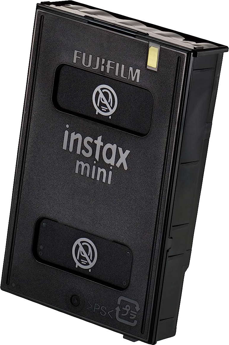 Egy fekete filmkazetta a Fujifilm és Instax mini logókkal.