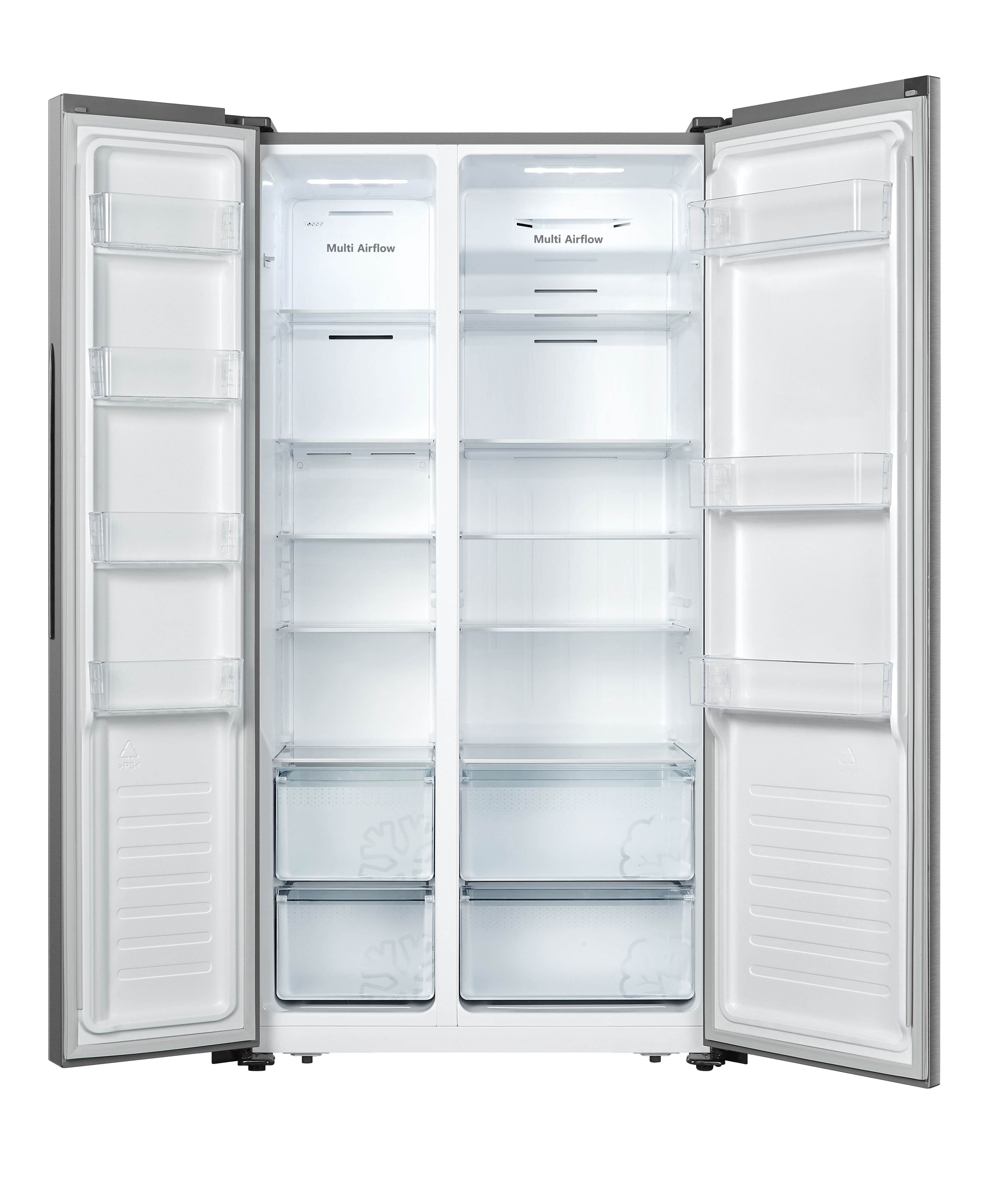 Ein weit geöffneter Doppeltür-Kühlschrank, der Regale, Schubladen und das Innendesign zeigt.