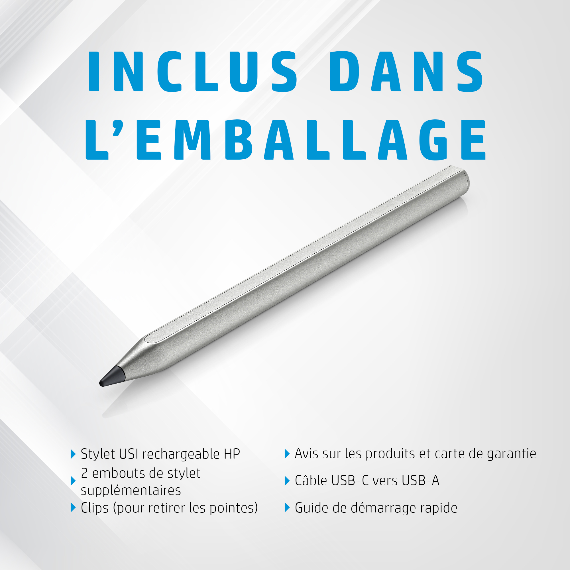 Een zilveren styluspen, met een lijst met meegeleverde items: stylus, tips, USB-kabel, snelstartgids.