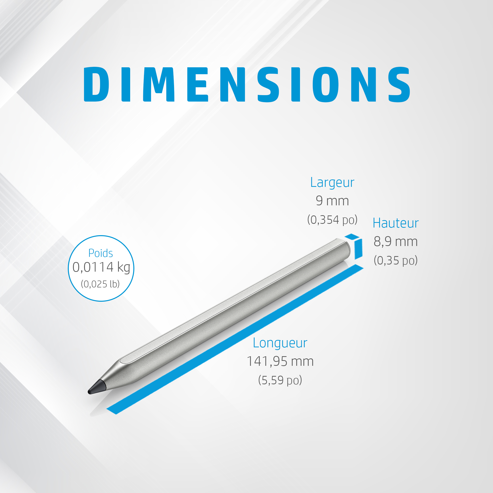 Afbeelding toont afmetingen van een zilveren styluspen: lengte 141,95 mm, breedte 9 mm, hoogte 8,9 mm.