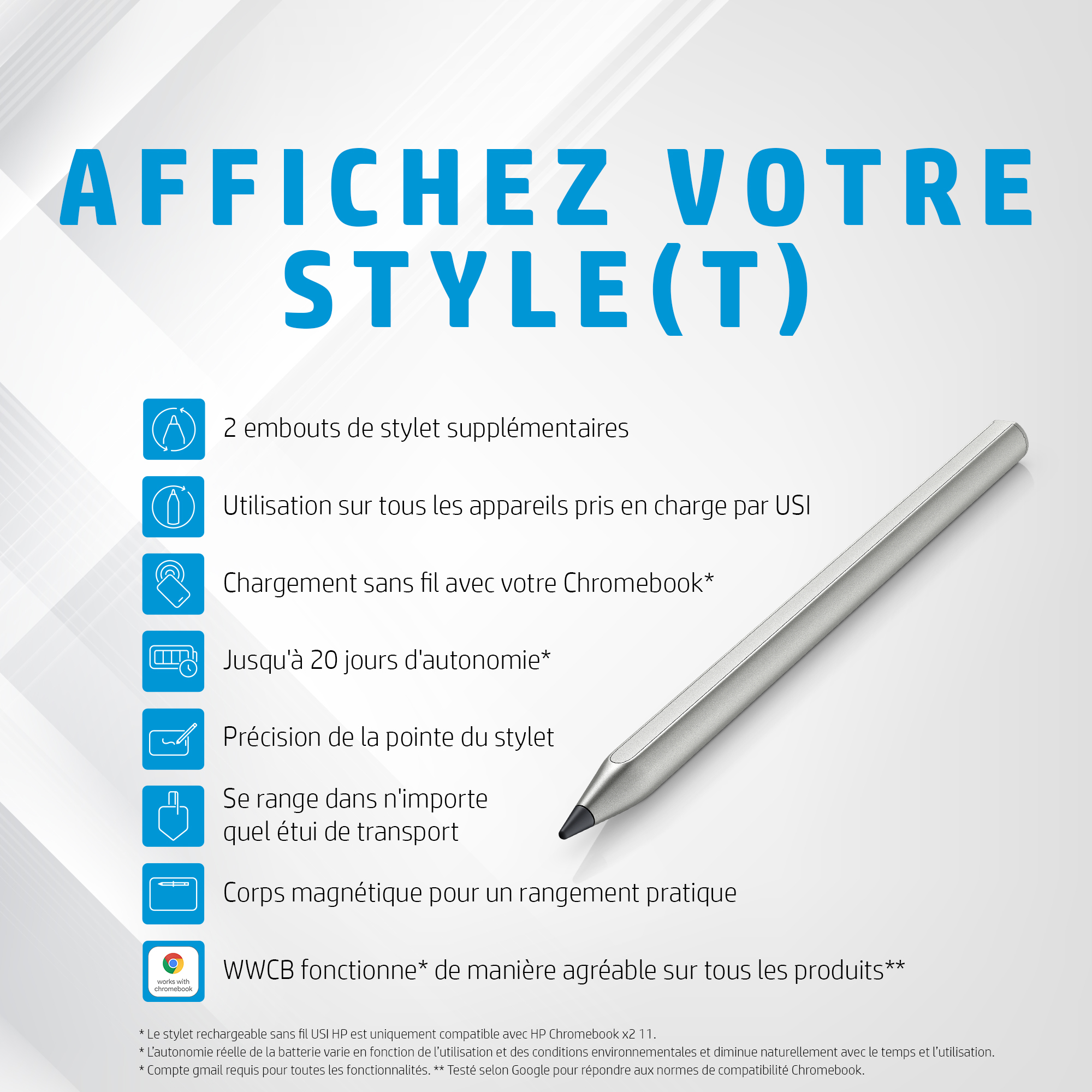 Blauwe achtergrond met een stylus en tekst. De tekst geeft functies weer en vermeldt Chromebook.