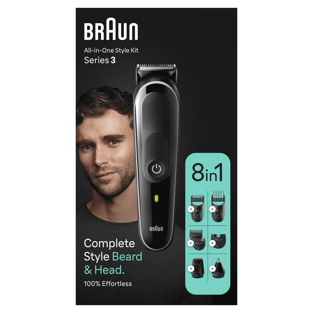 Caja del kit de estilo todo en uno Braun. La cara de un hombre está a la izquierda, con una recortadora negra y accesorios.
