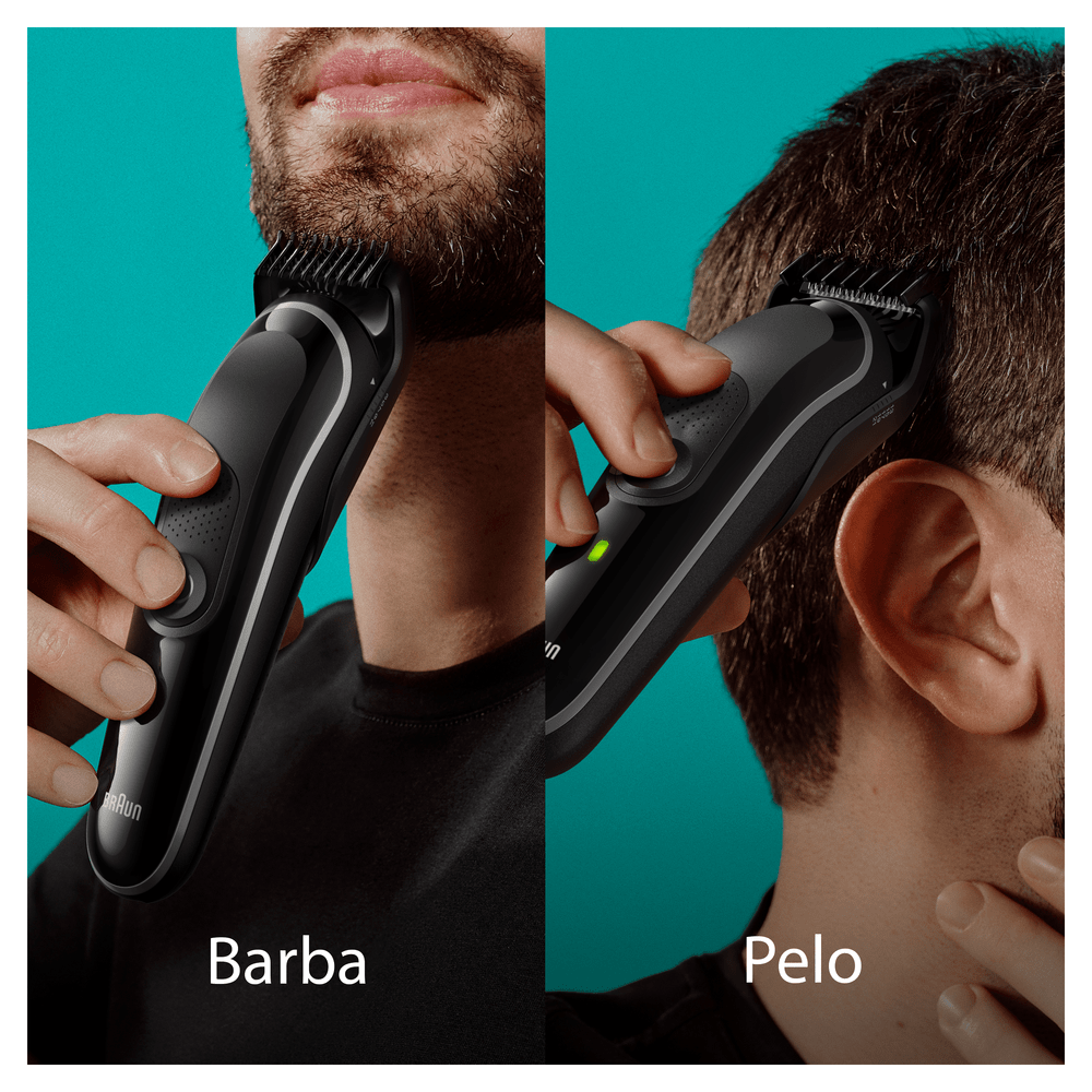 Hombre recortando su barba y cabeza con una recortadora negra. Texto sobre las imágenes.