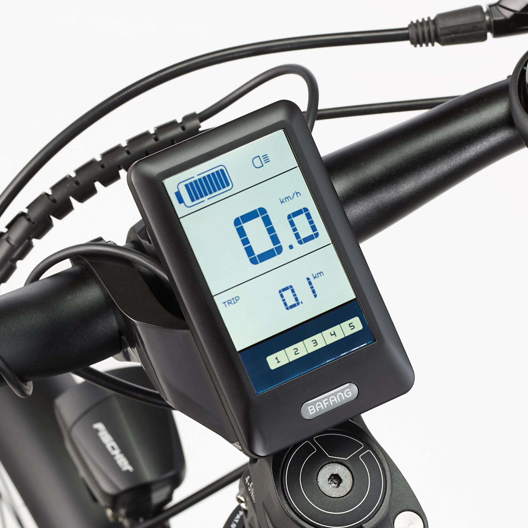 Fahrradlenker mit Digitalanzeige für Geschwindigkeit, Distanz und Akkulaufzeit.