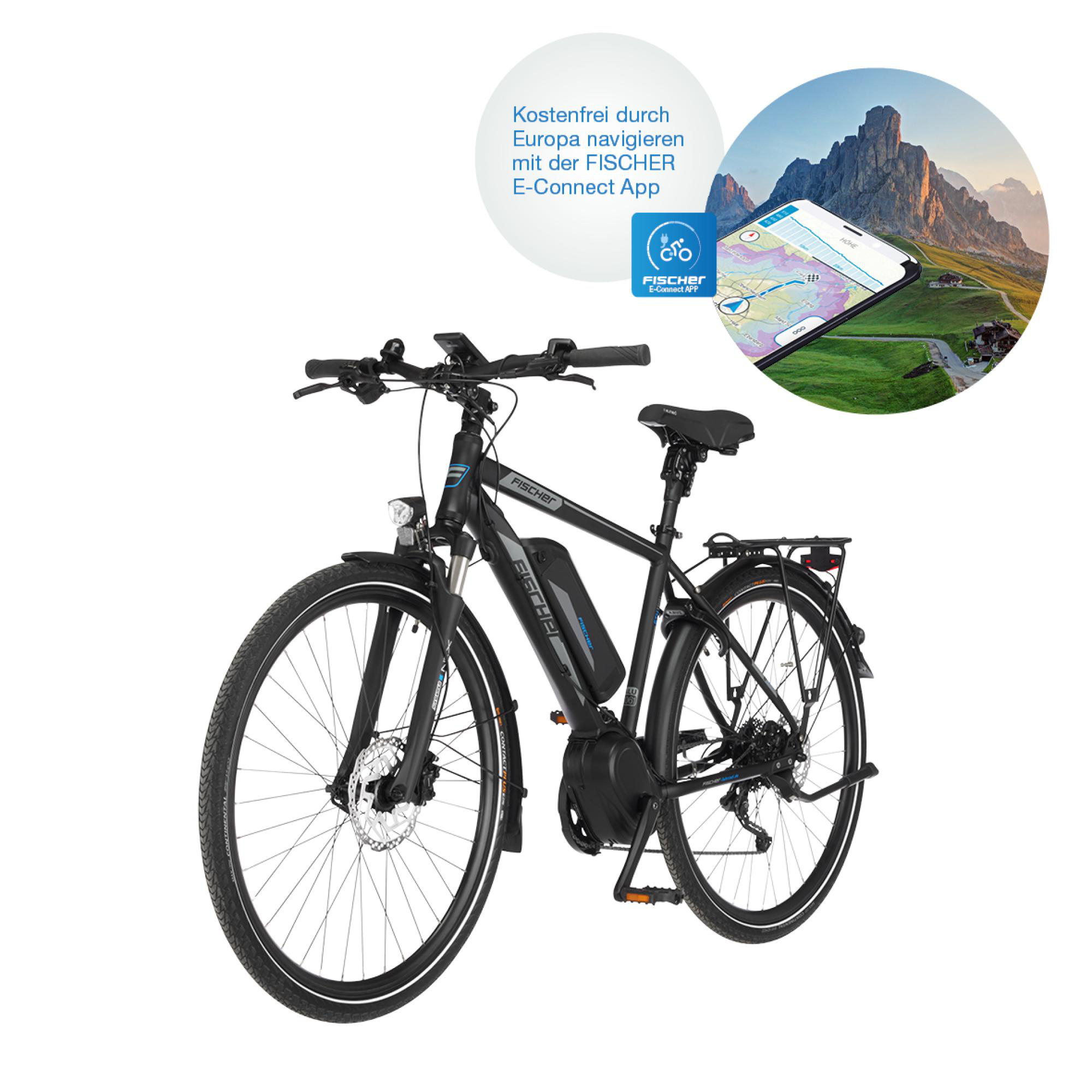 Schwarzes E-Bike mit Karte auf einem Tablet. Berge im Hintergrund. FISCHER E-Connect App.