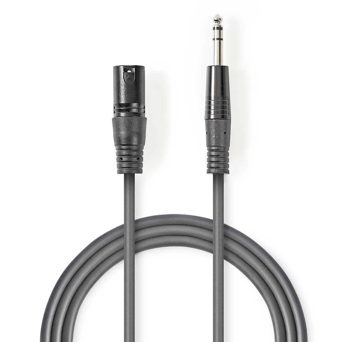 Ein schwarzes und graues Audiokabel mit zwei Anschlüssen auf weißem Hintergrund.