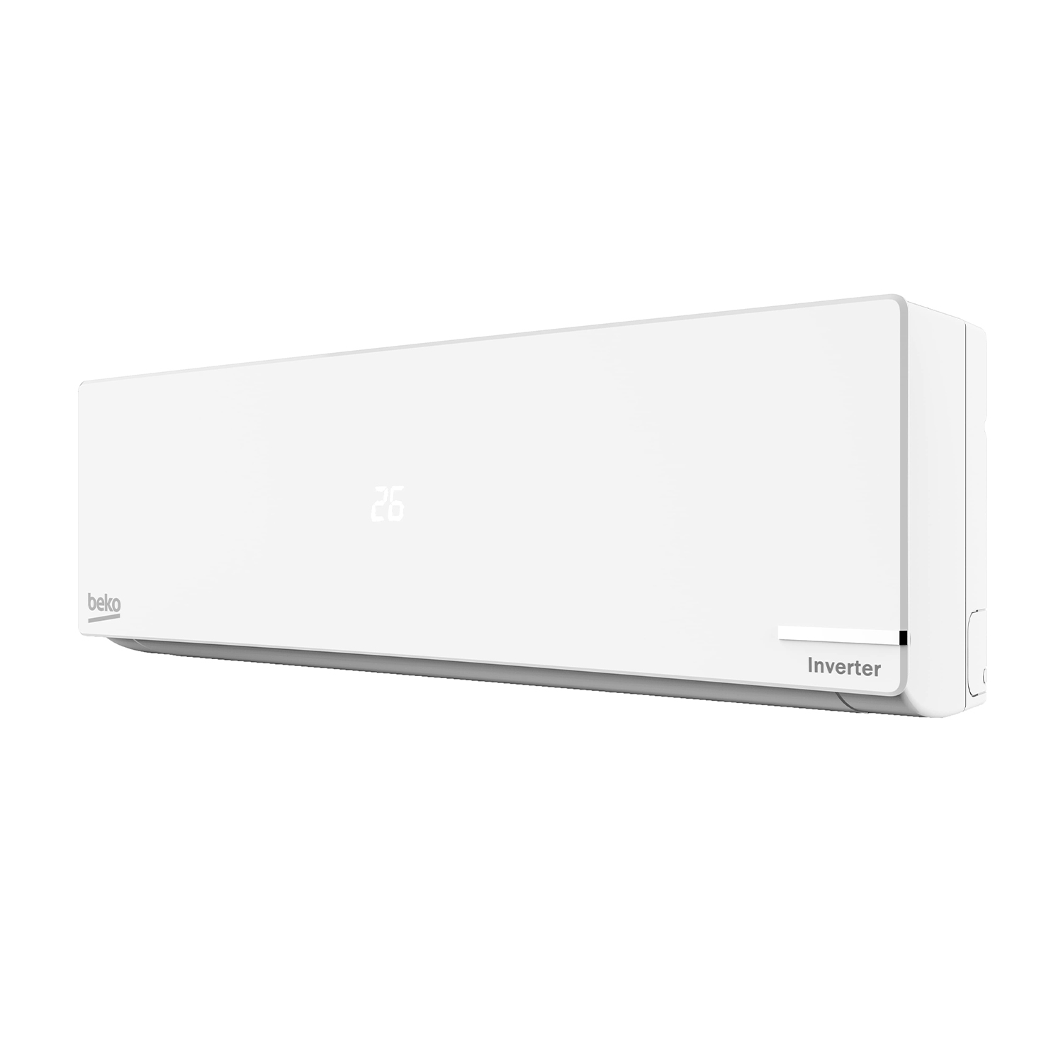 Condizionatore bianco con display digitale. Etichette Beko e Inverter visibili.