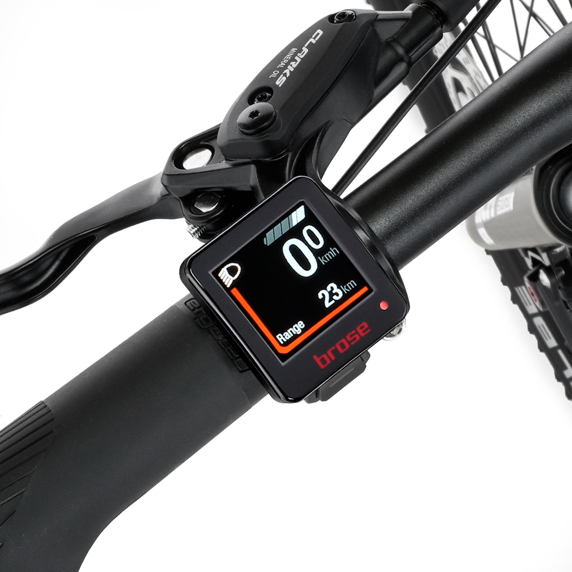 E-Bike-Lenker mit Display, zeigt Geschwindigkeit, Reichweite und Akkustand.