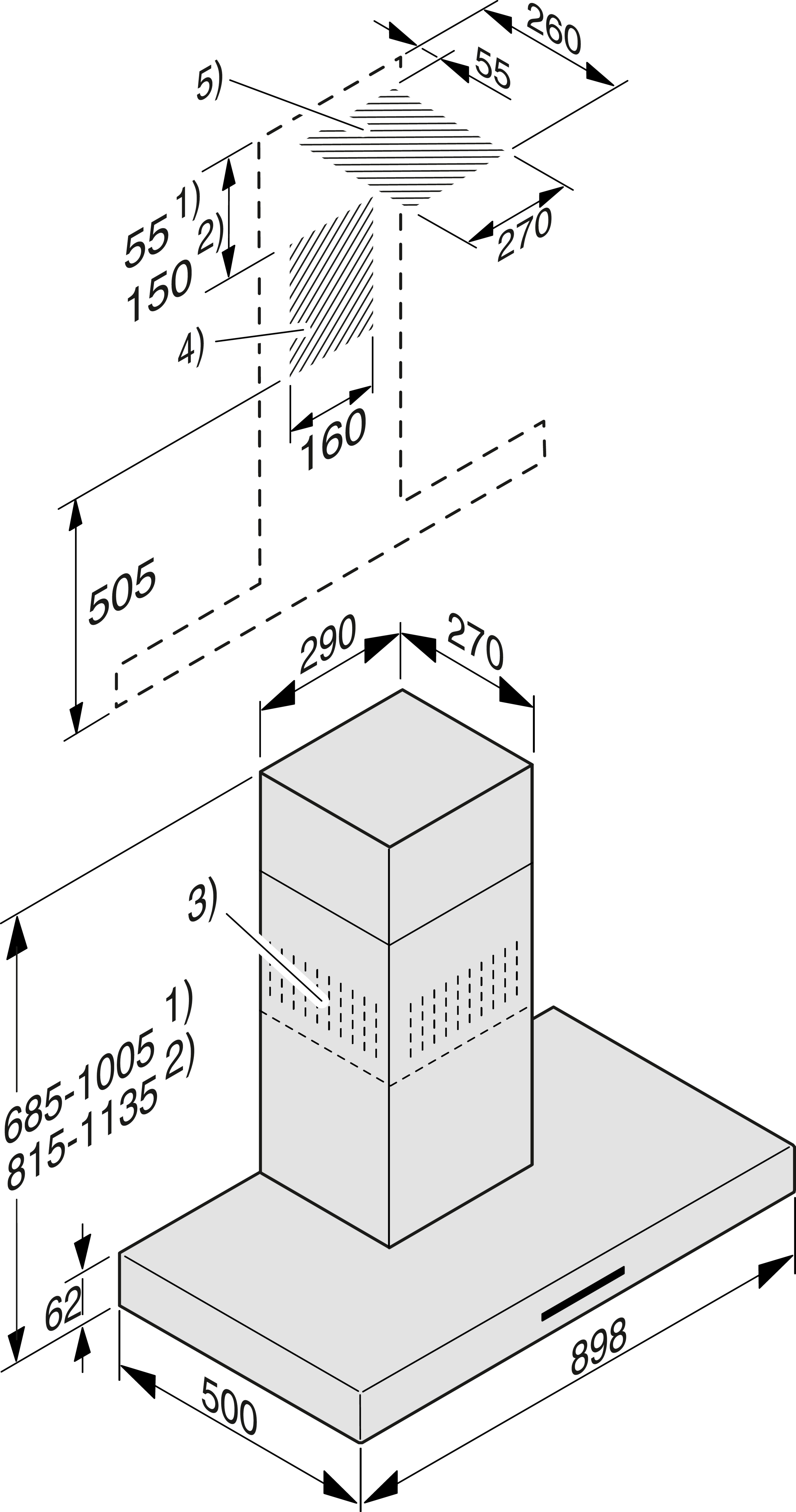 Technische Zeichnung einer Dunstabzugshaube mit Maßen und Beschriftungen. Es ist eine 3D-isometrische Ansicht.