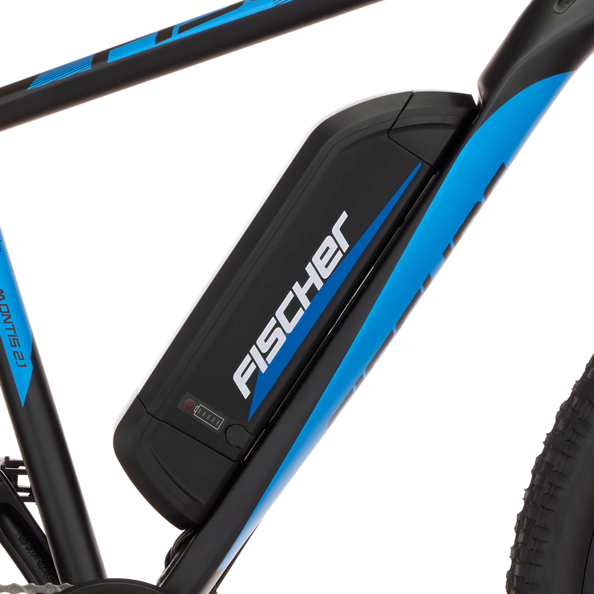 Schwarz-blauer Fischer E-Bike-Rahmen mit einem schwarzen Akkupack. Der Akku befindet sich im Rahmen.