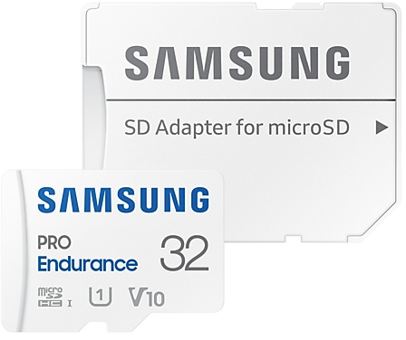 Een Samsung SD-kaart en adapter op een witte achtergrond. SD-kaart is zwart en wit.