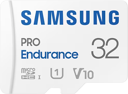Een witte Samsung Pro Endurance SD-kaart met tekst: PRO Endurance 32, en micro SD-kaartsymbolen.