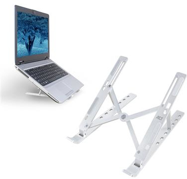 Support pour ordinateur portable. Le support est en métal argenté plié. Il est sur fond blanc.