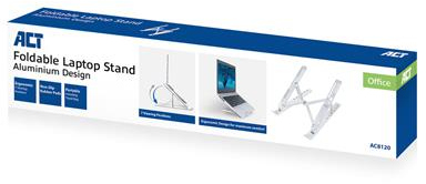 Une longue boîte avec un support pour ordinateur portable à l'intérieur, la boîte est bleue et blanche.