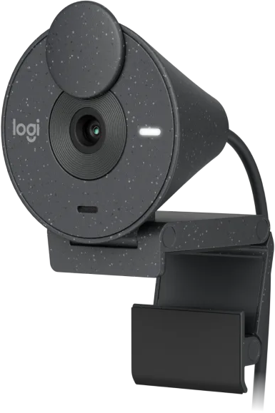 Webcam noire et grise mouchetée avec lentille, petite lumière et support noir.