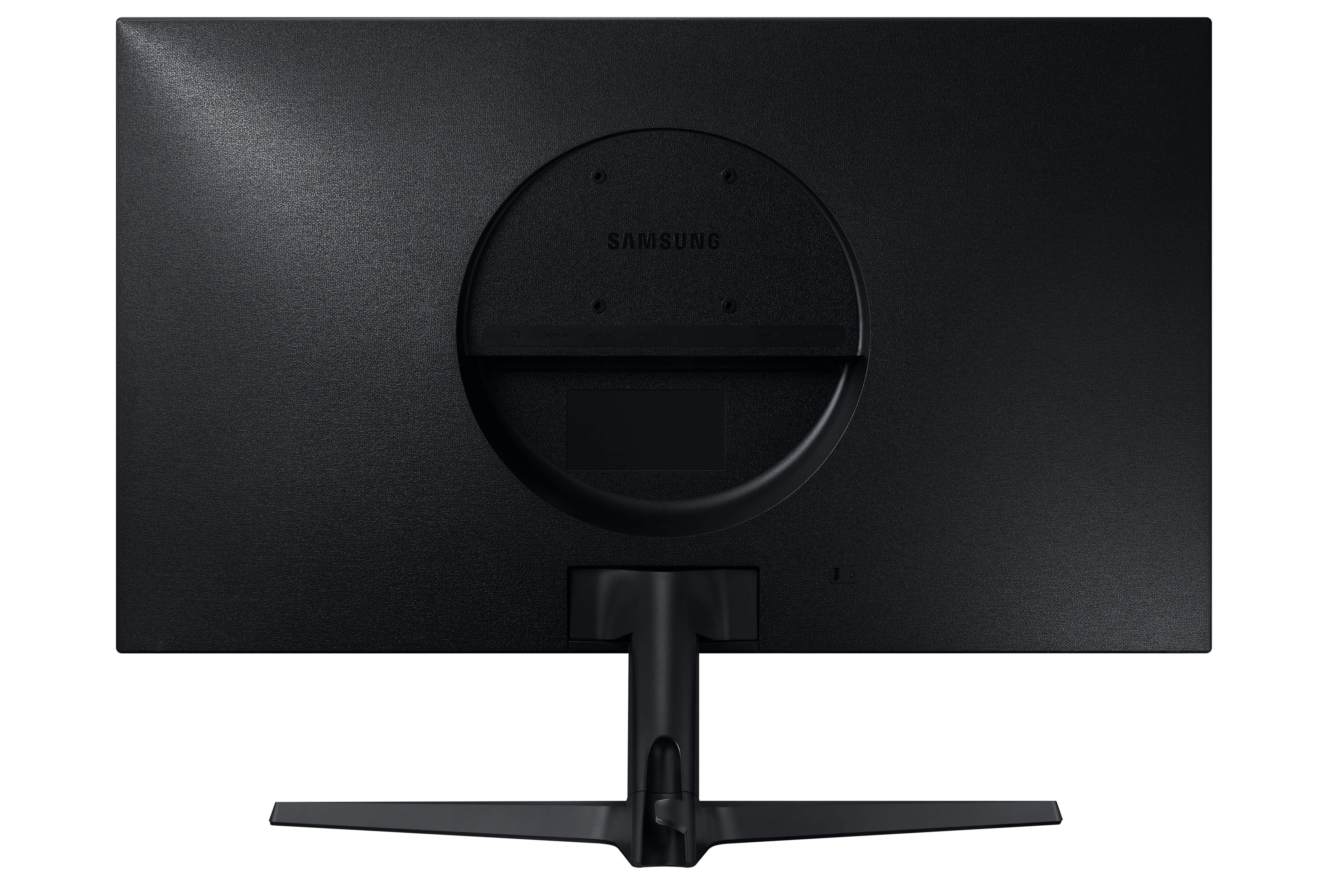 Die Rückseite eines schwarzen Samsung-Monitors mit sichtbarem Markennamen.