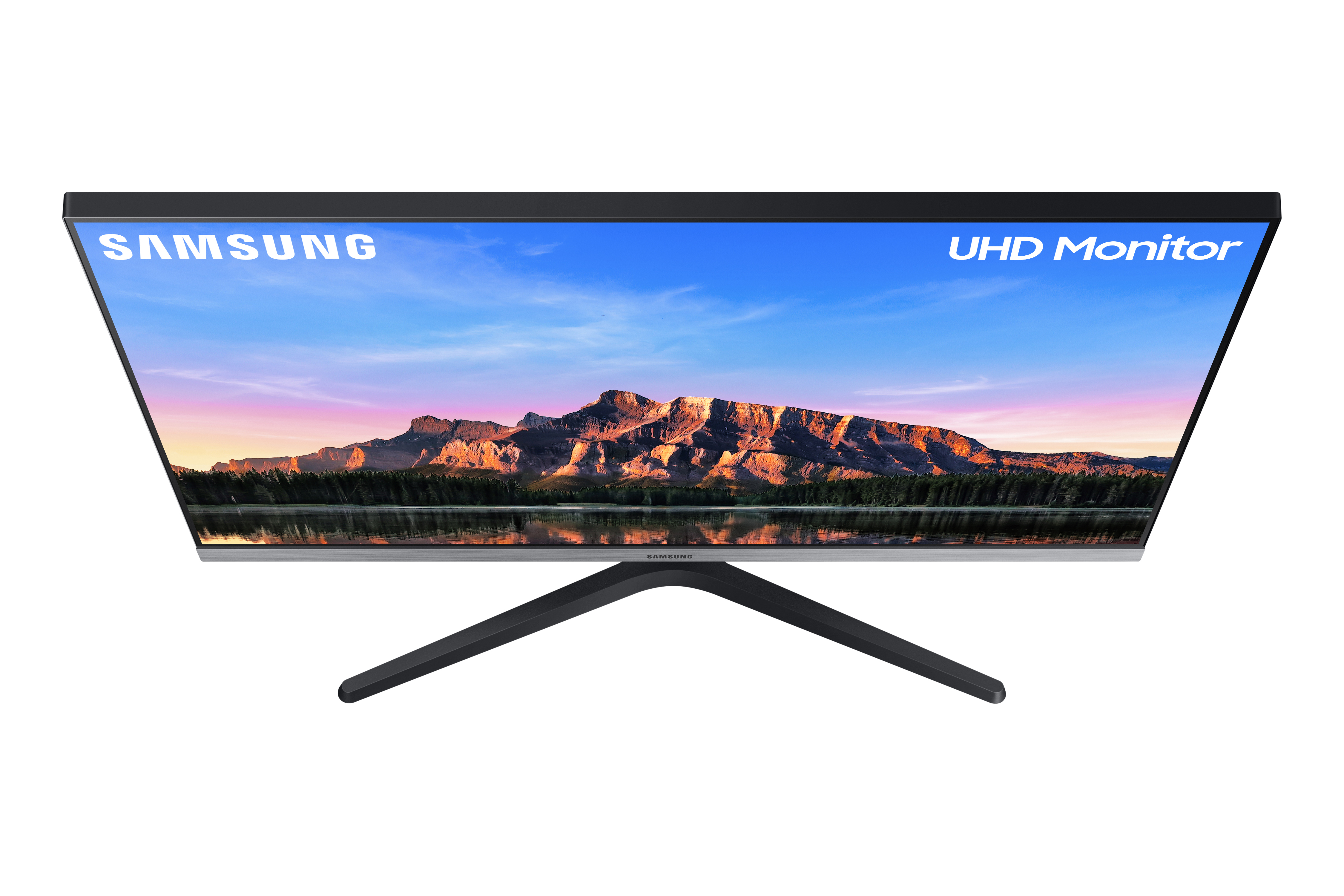Draufsicht auf einen Samsung UHD-Monitor mit Landschaftsanzeige.