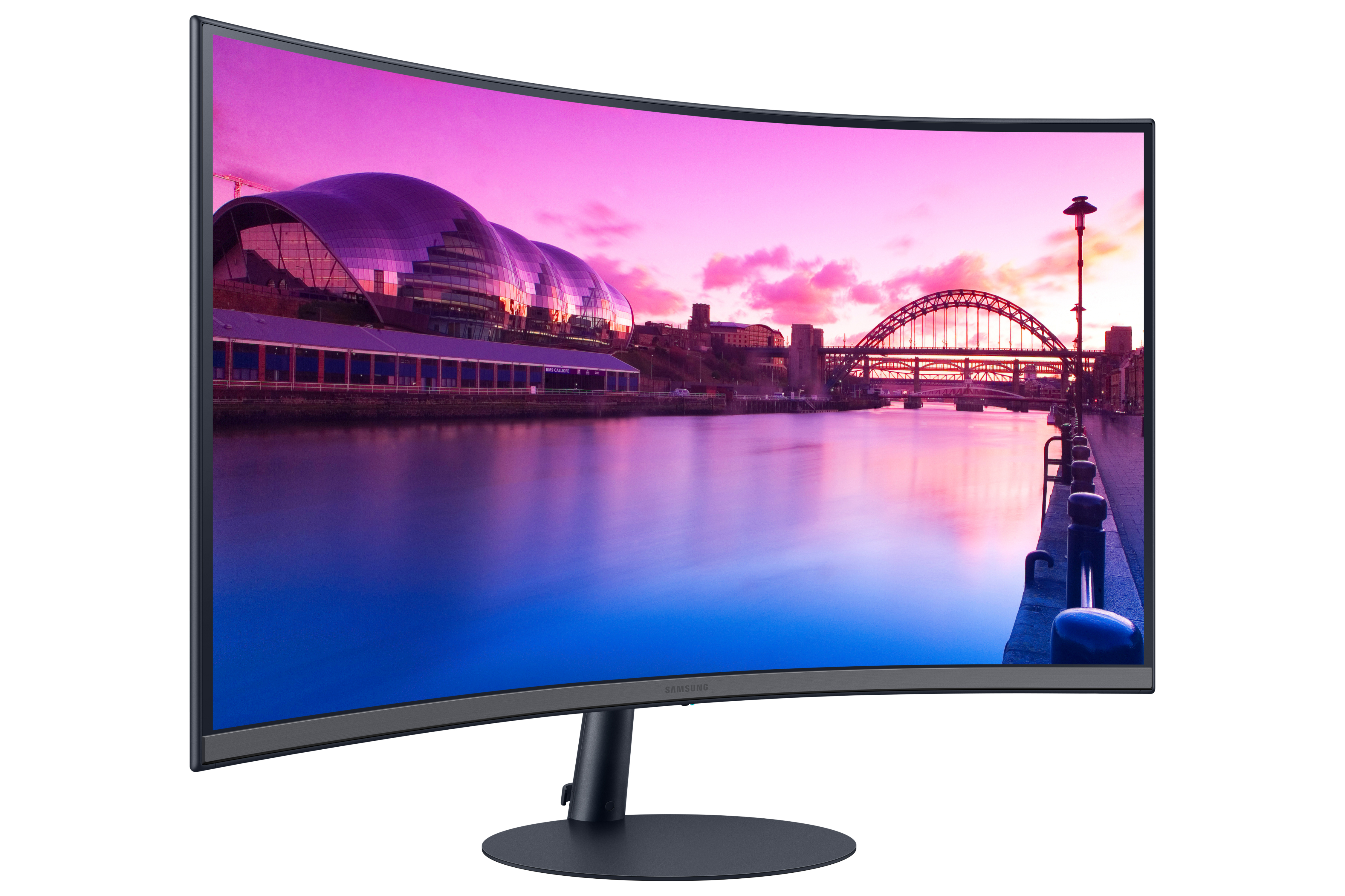 Gebogener Monitor mit Stadtbild und Brücke. Farben sind pink und lila.