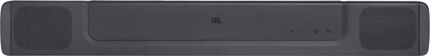 Fekete JBL soundbar hangszórókkal mindkét oldalon és vezérlőgombokkal a közepén.