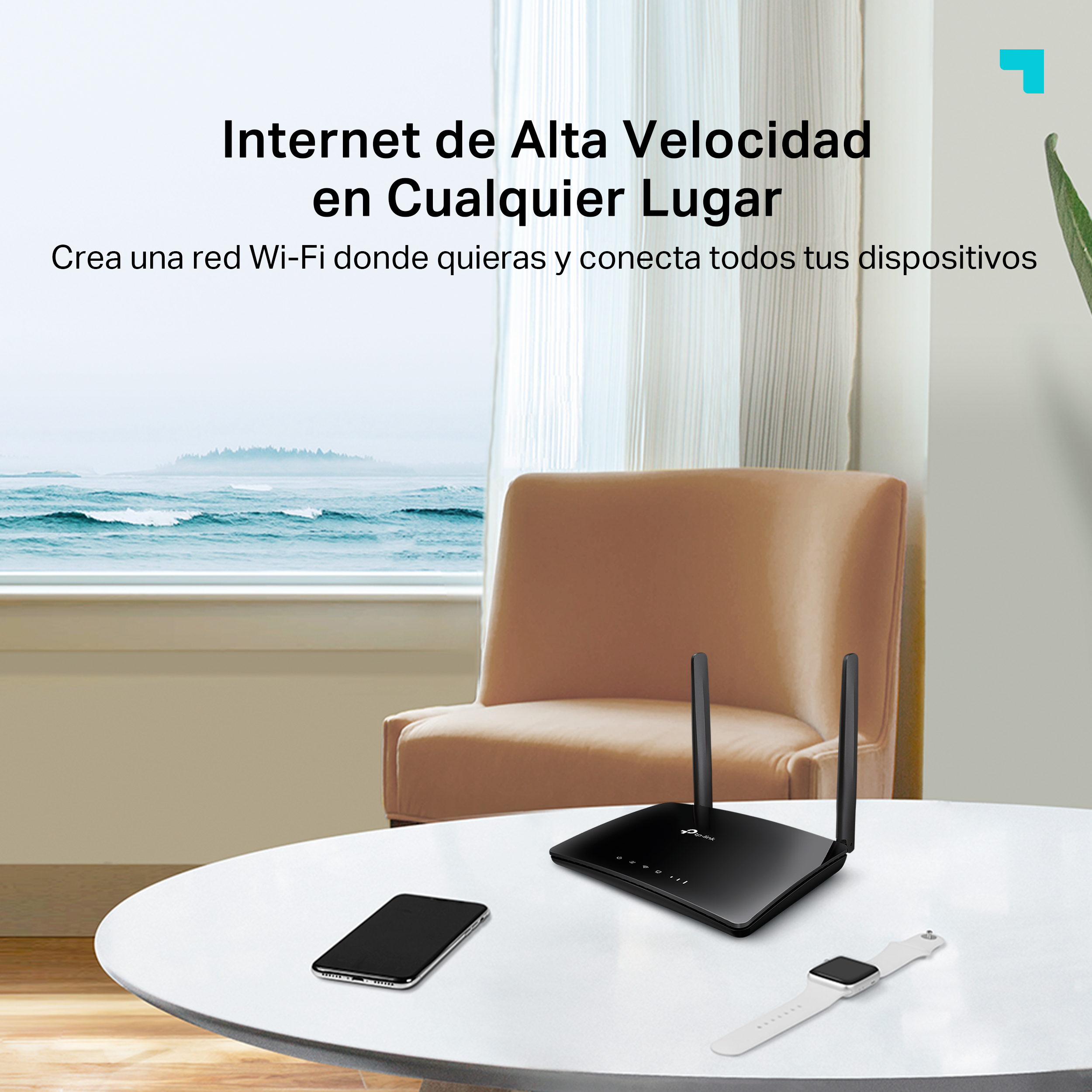 Mesa con enrutador, teléfono y reloj. Texto: Internet de Alta Velocidad en Cualquier Lugar.