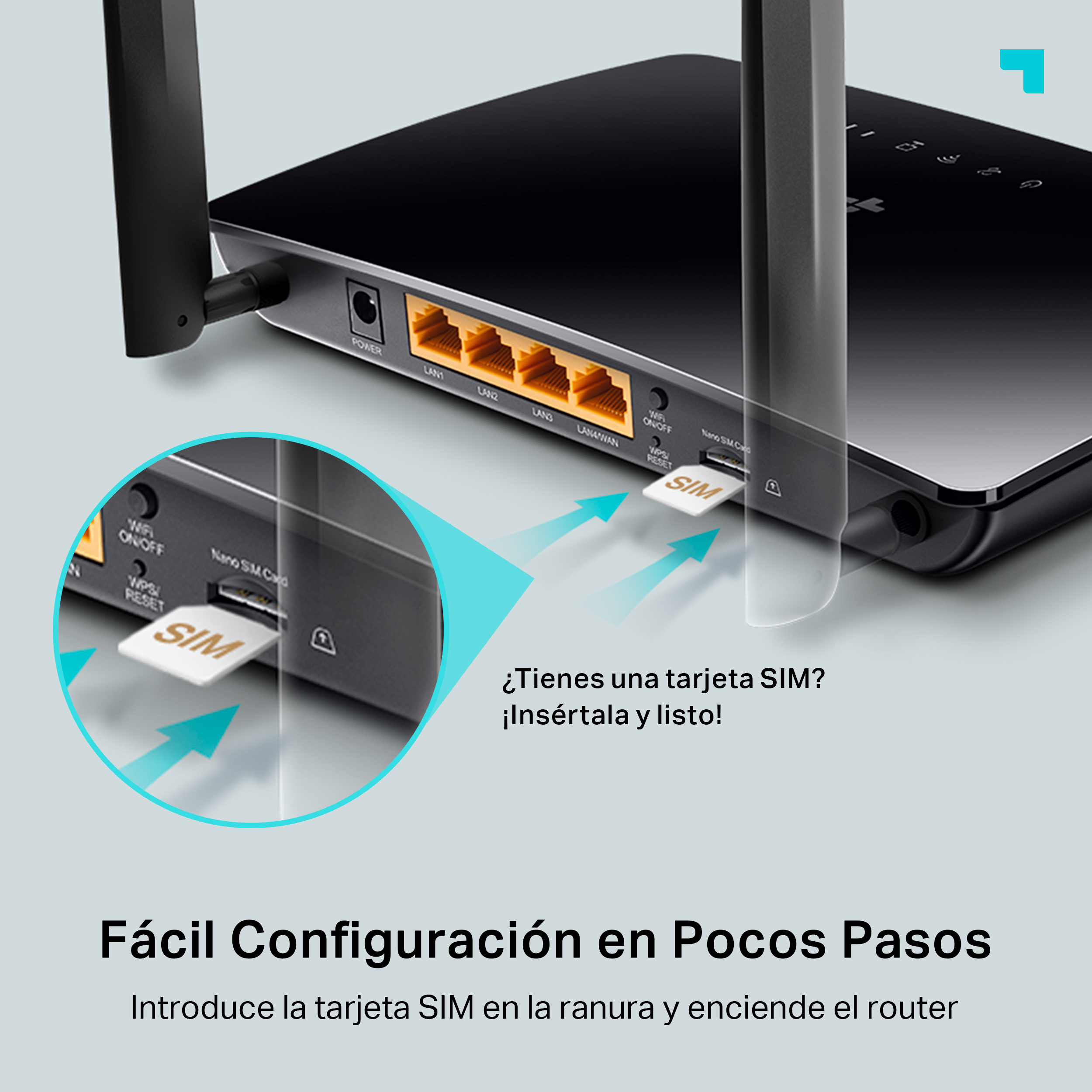 Un router negro con ranuras para tarjetas SIM, junto al router hay una tarjeta SIM.