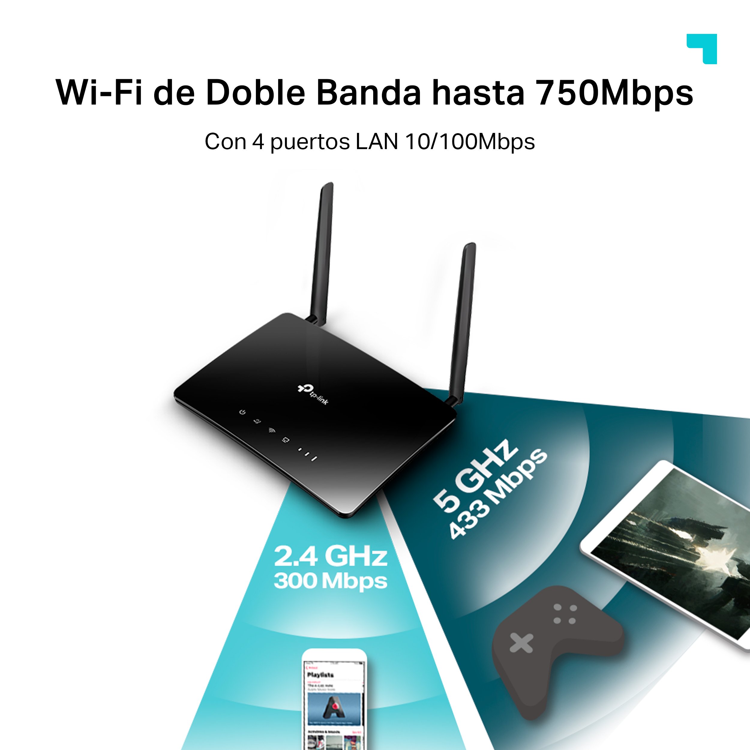 Un router Wi-Fi negro con dos antenas, mostrando velocidades de 2,4 GHz y 5 GHz.