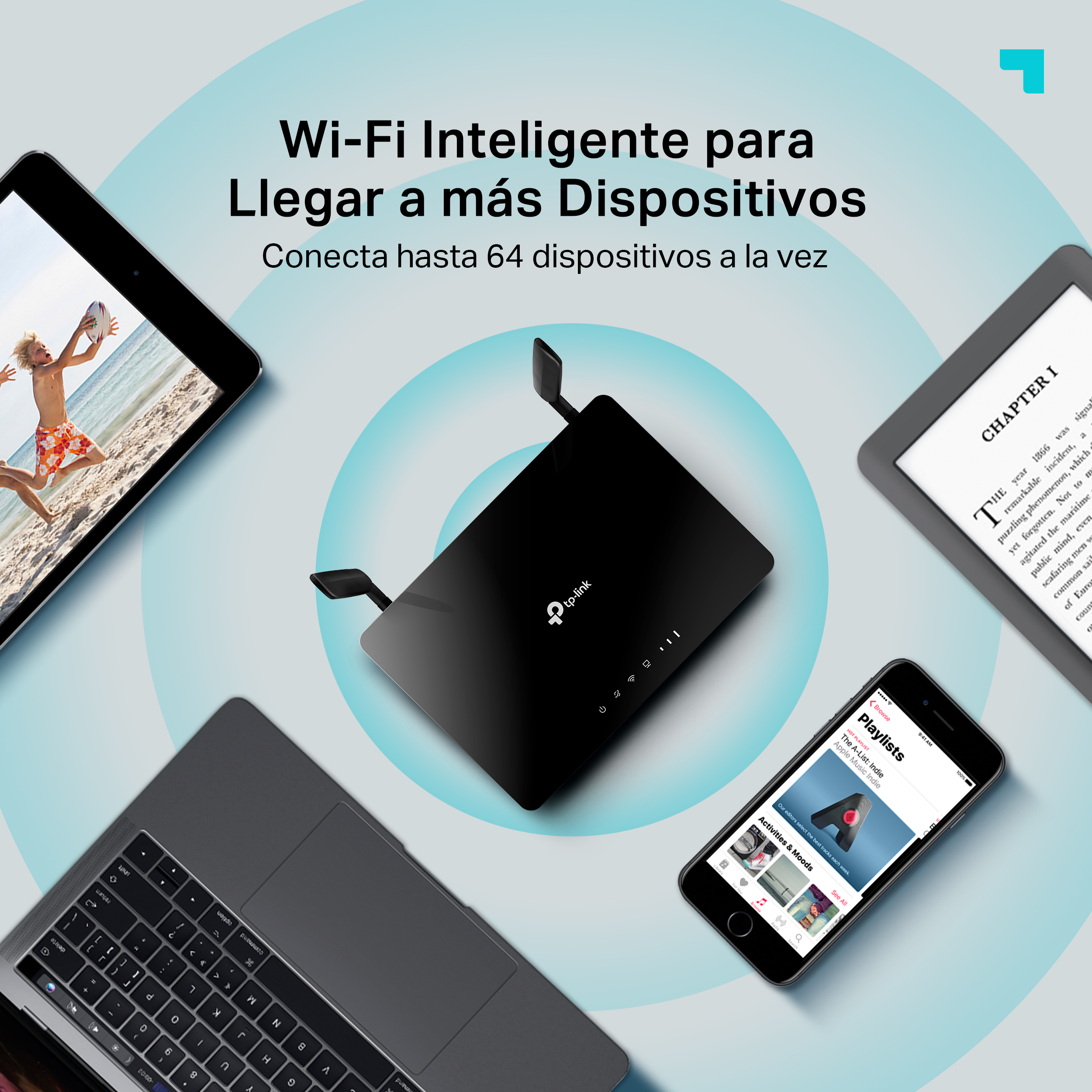 Un smartphone, una tableta y un portátil en una mesa con un enrutador. El fondo es azul claro.