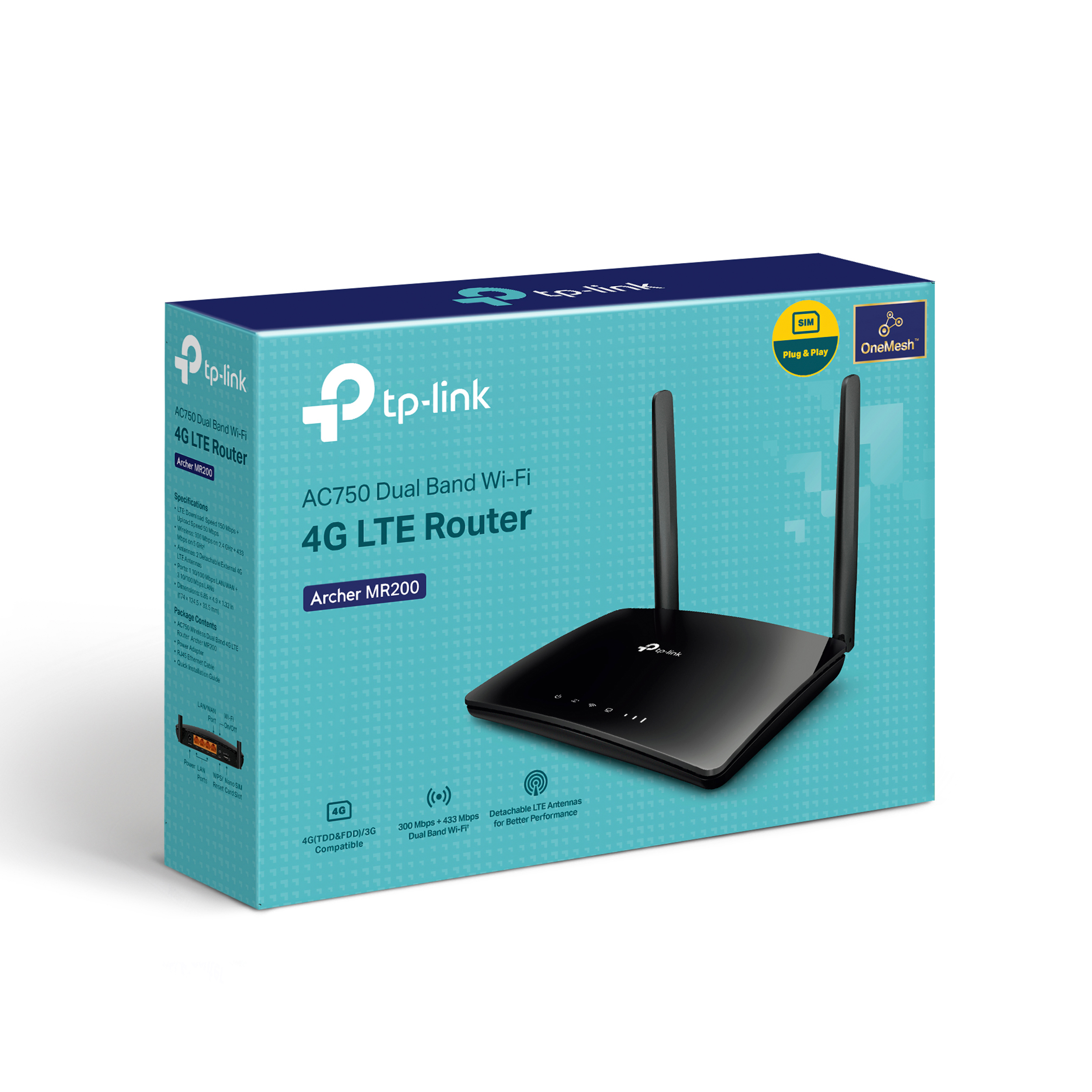 Router TP-Link AC750 Dual Band Wi-Fi 4G LTE negro con dos antenas y caja.