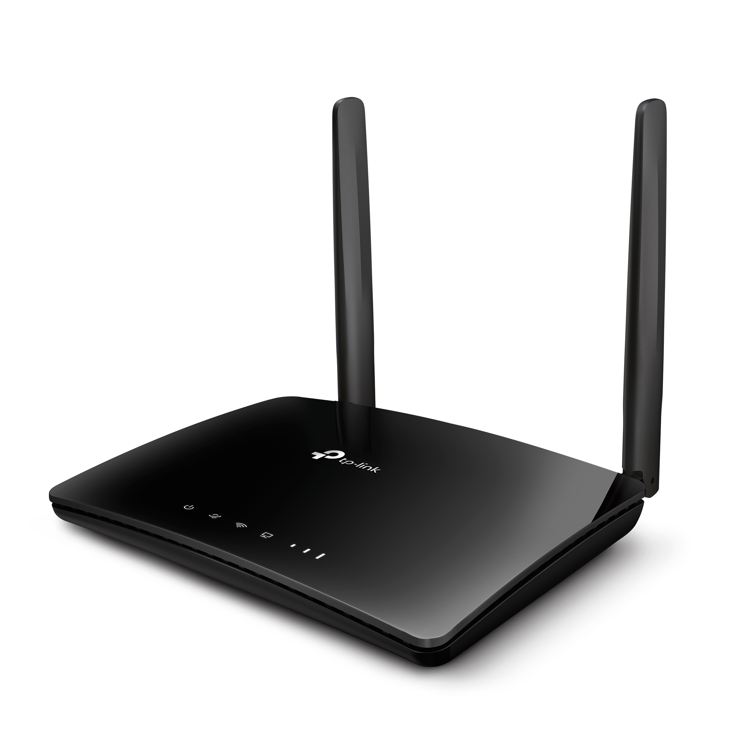 Router TP-Link negro con dos antenas sobre un fondo blanco.
