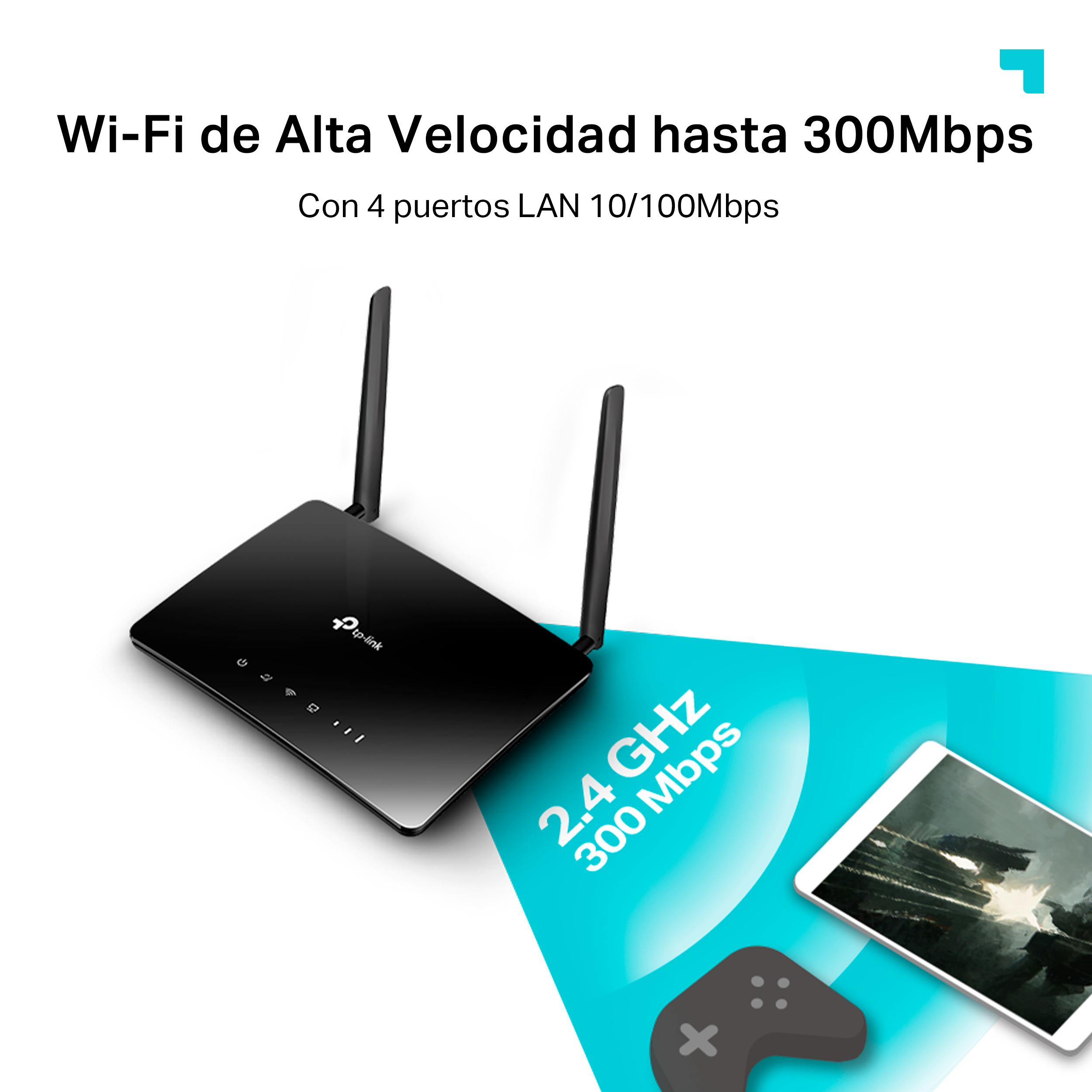 Un enrutador inalámbrico negro con antenas, una tableta y un controlador de juegos están en la imagen.