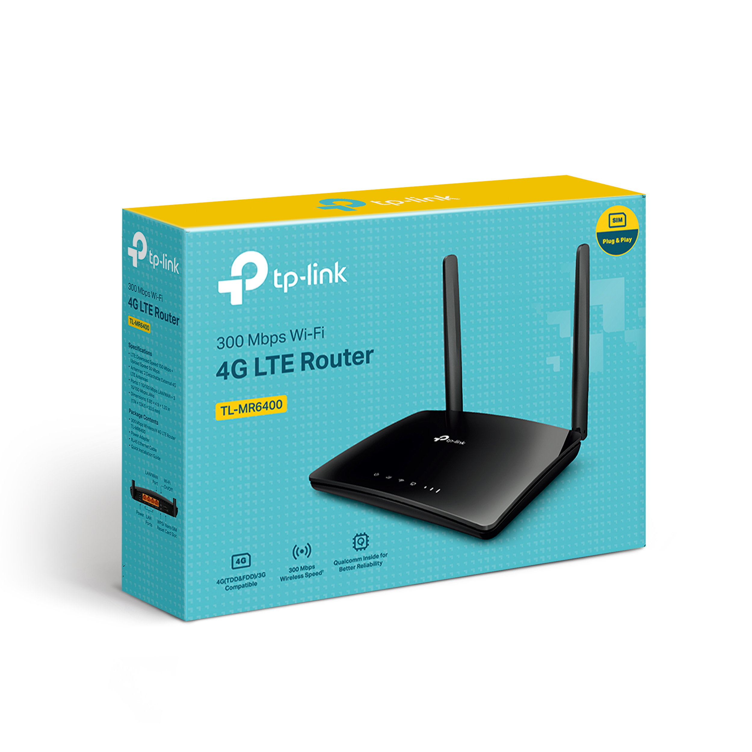 Una caja negra del enrutador TP-Link 4G LTE con un enrutador dentro, que muestra las antenas y la parte frontal del enrutador.