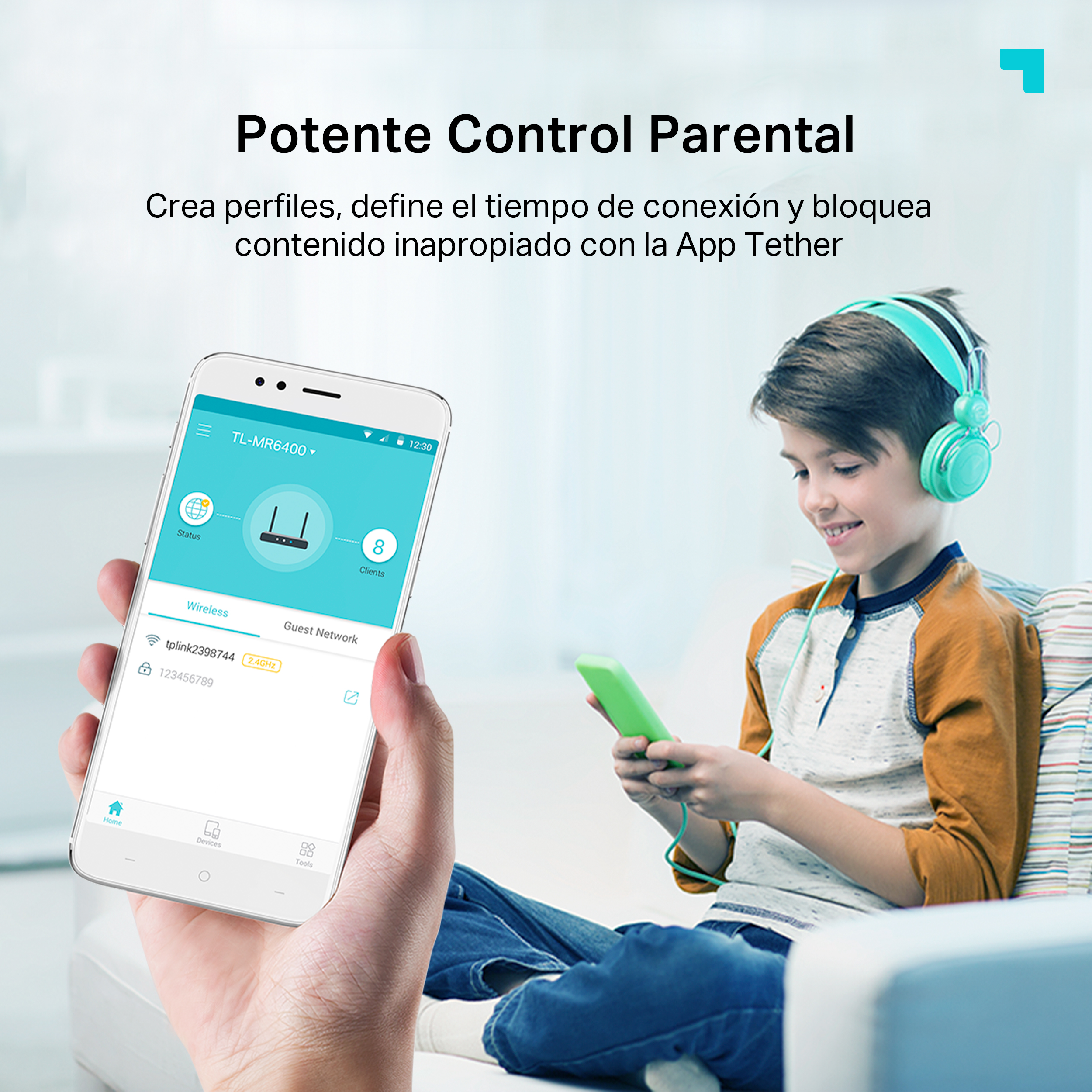 Una persona sostiene un teléfono, un niño con auriculares y una pantalla de enrutador. El texto dice 'Potente Control Parental'.
