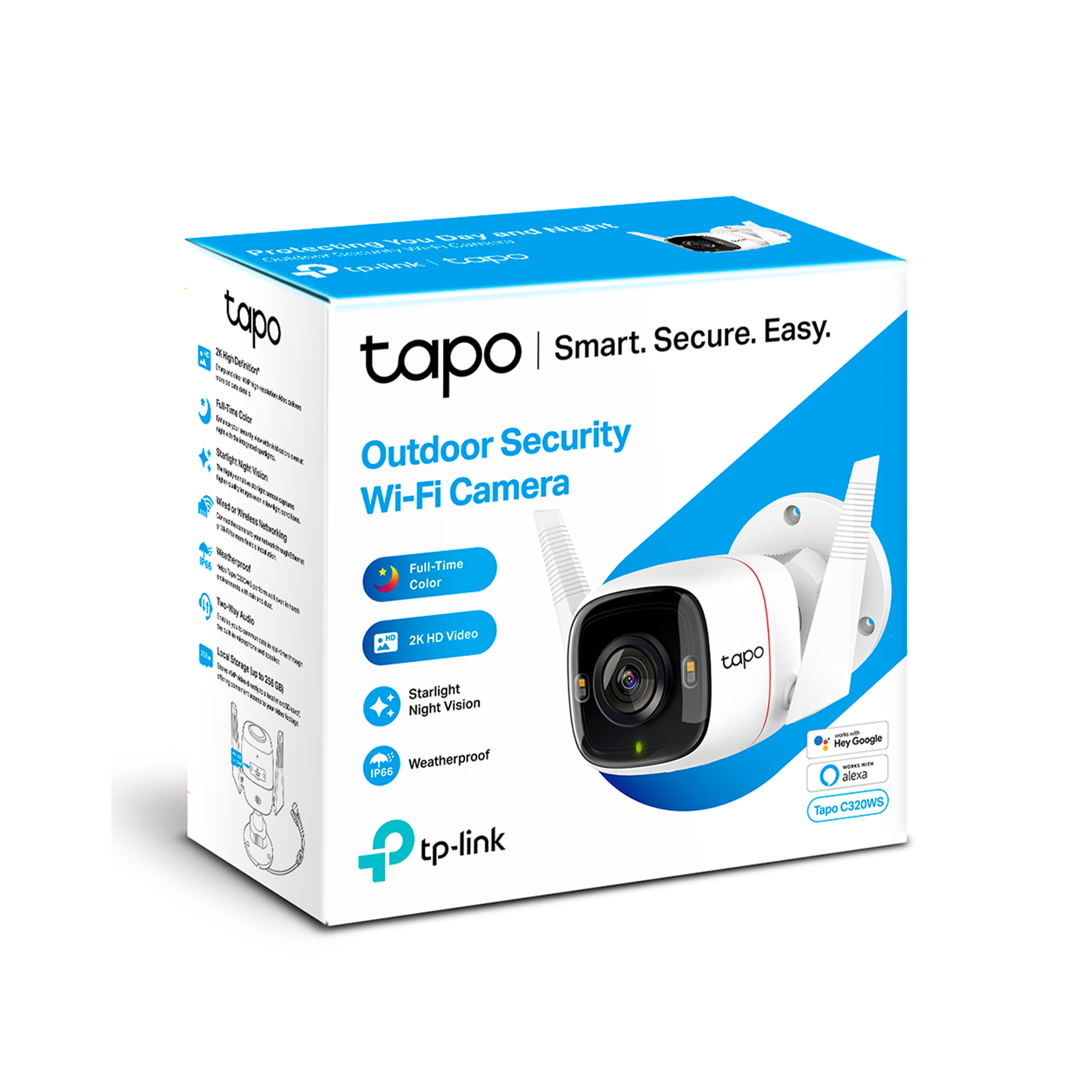 Caja de la cámara Tapo Outdoor Security Wi-Fi. Caja blanca y azul con una imagen de cámara.