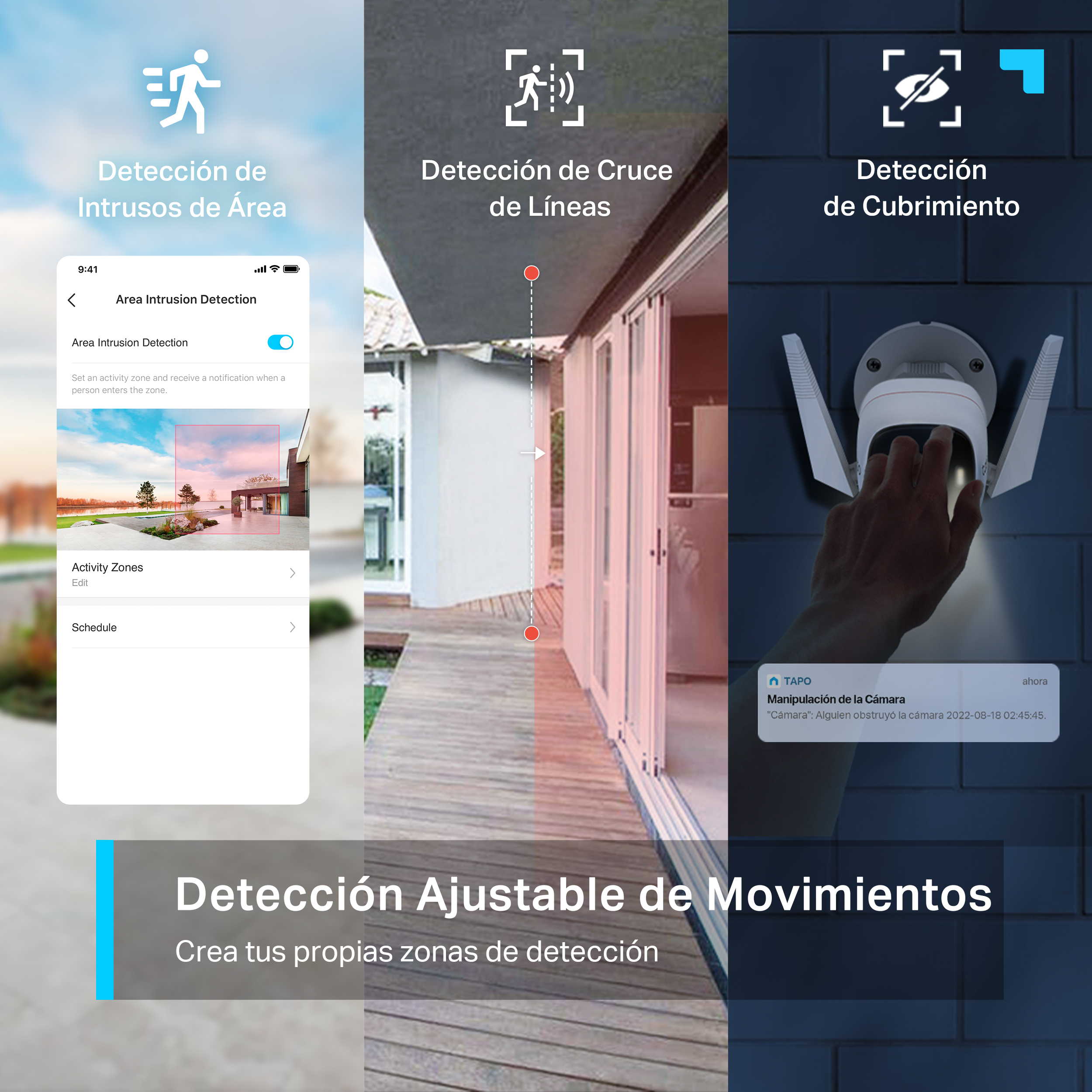 Capturas de pantalla que muestran funciones de cámara de seguridad: intrusión de área, cruce de línea y detección de cobertura.